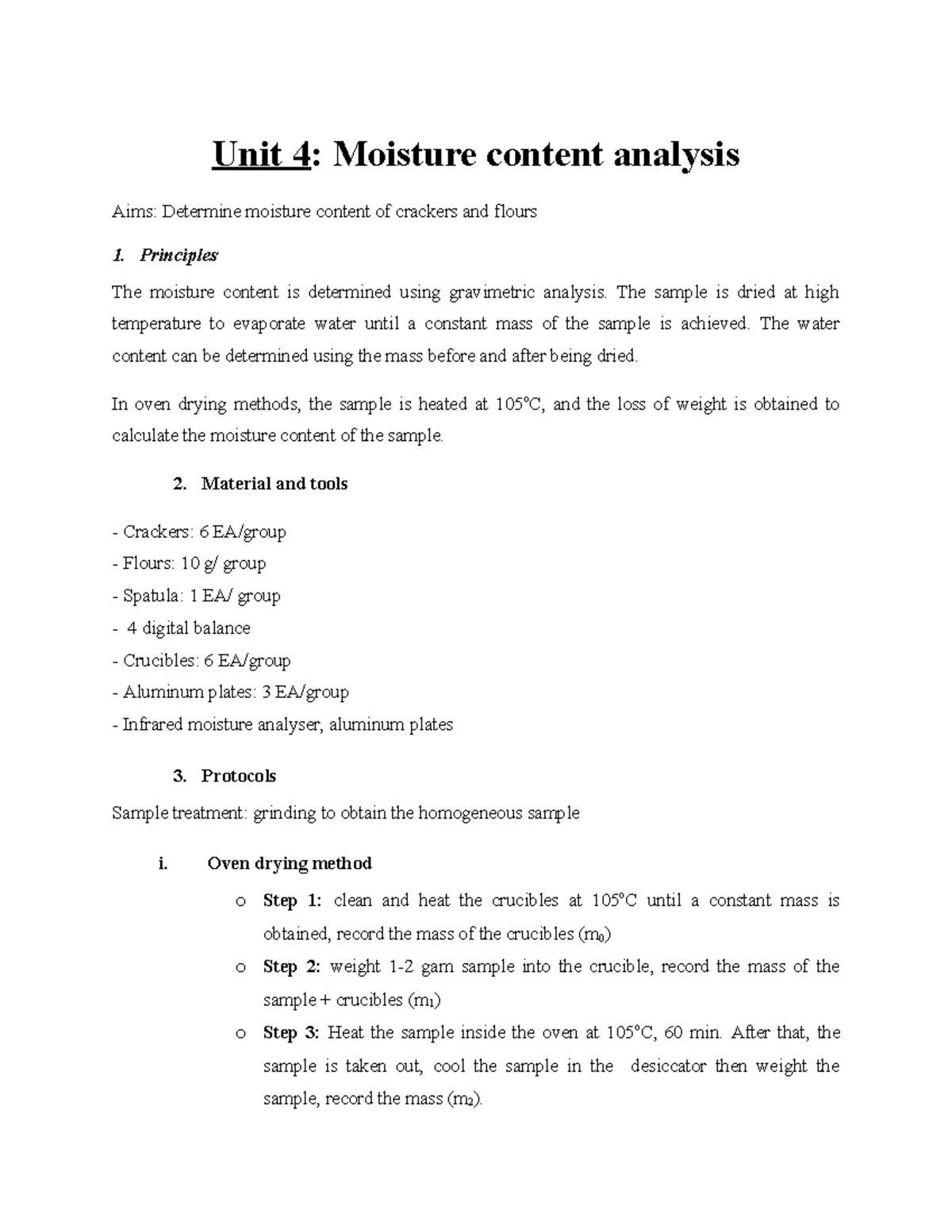 Unit 4: Moisture Content Analysis of Crackers and Flours - Studocu