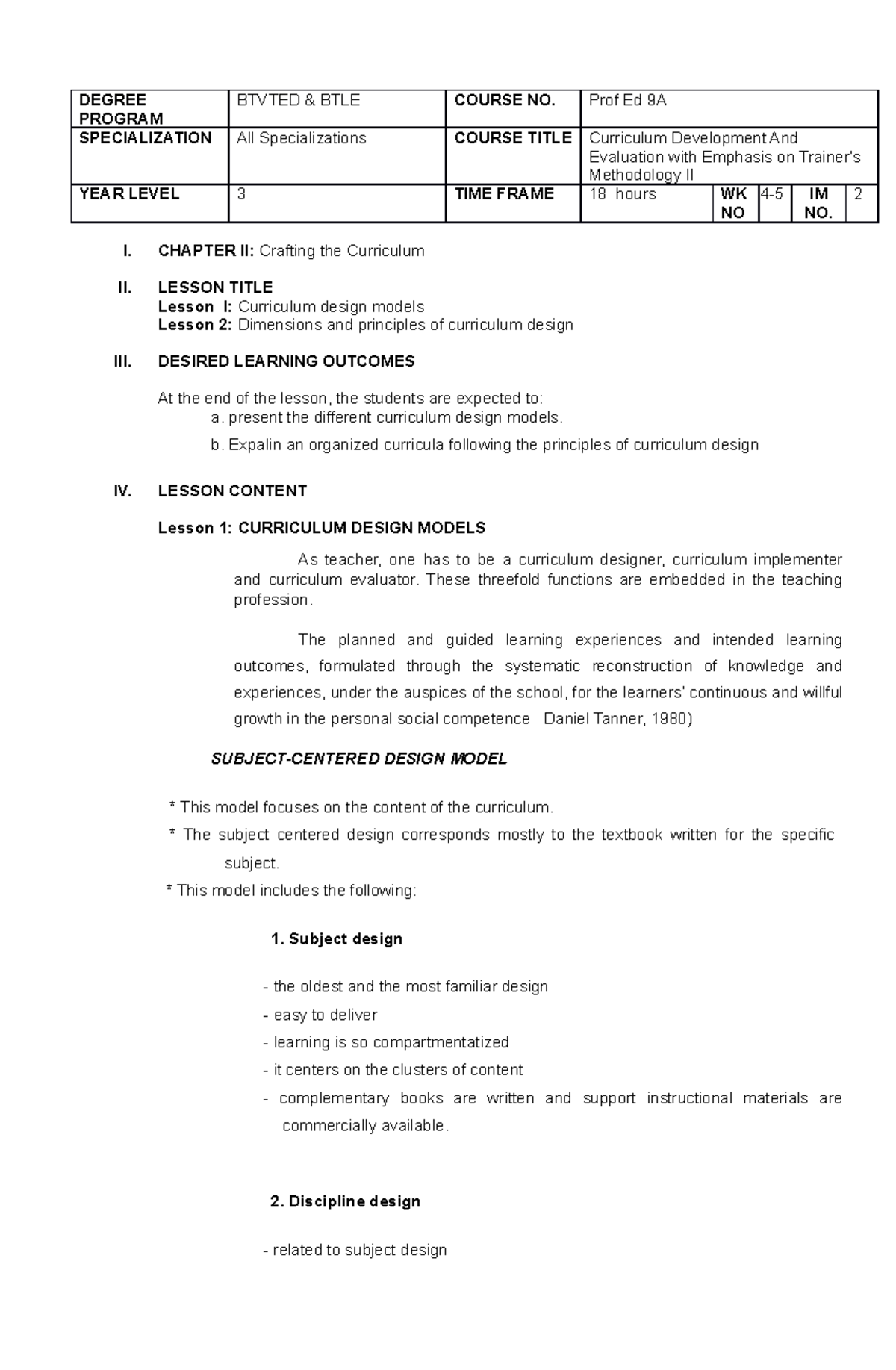 Prof Ed 9A IM No.2: Curriculum Development & Evaluation Insights - Studocu