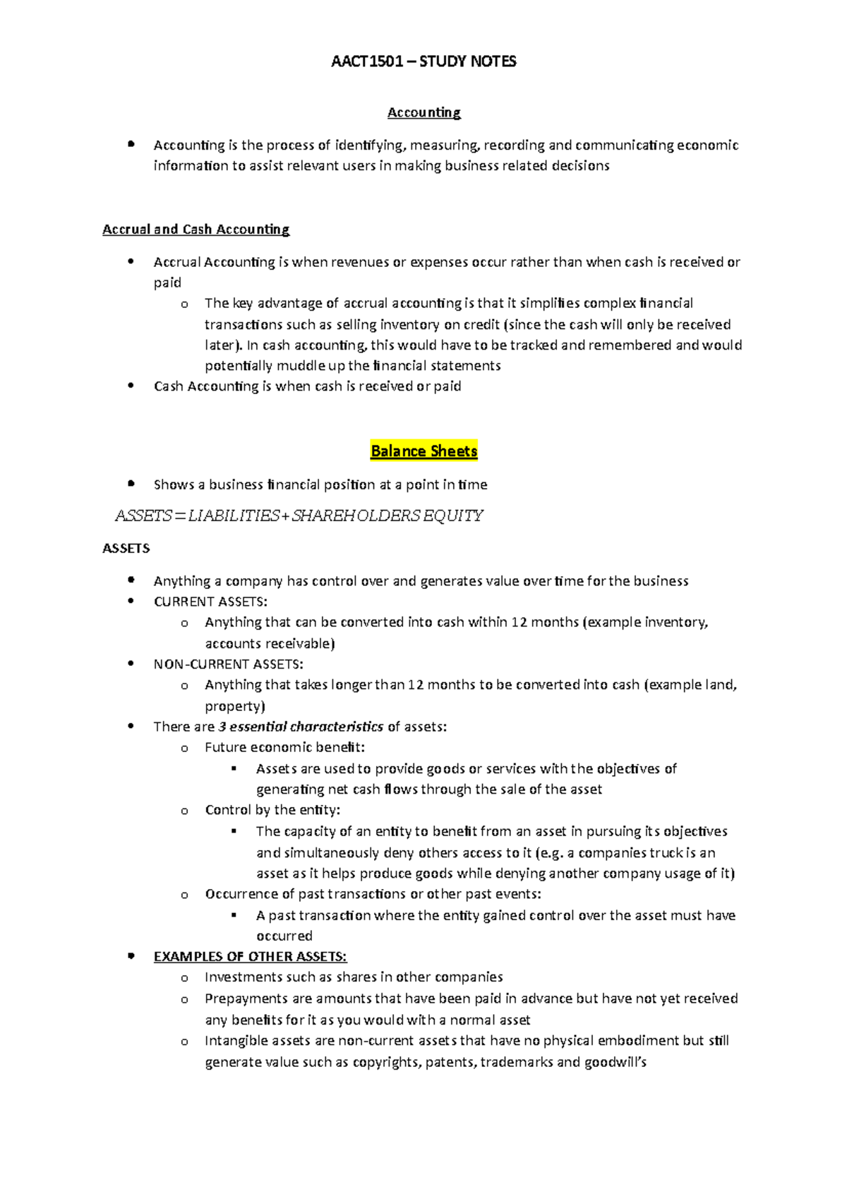 ACCT1501 - Study Notes - Accounting Accounting is the process of ...