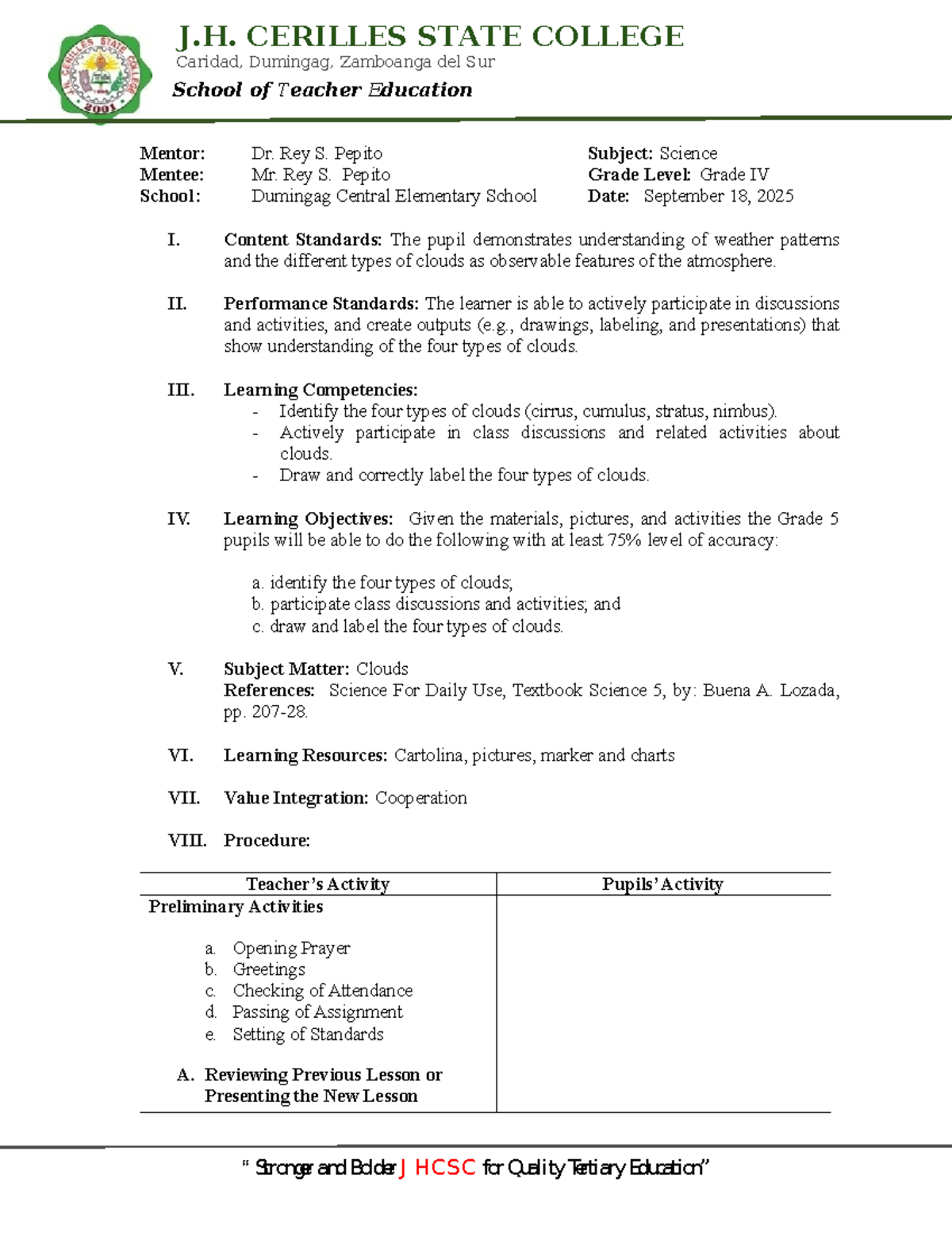 Lesson Plan Template: Science Grade IV - Understanding Clouds (JHCSC ...