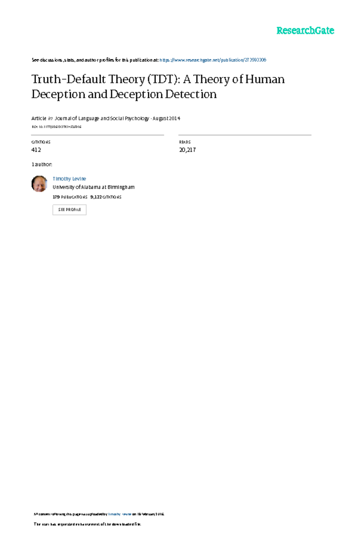 TDT: Insights into Truth-Default Theory on Deception & Detection ...