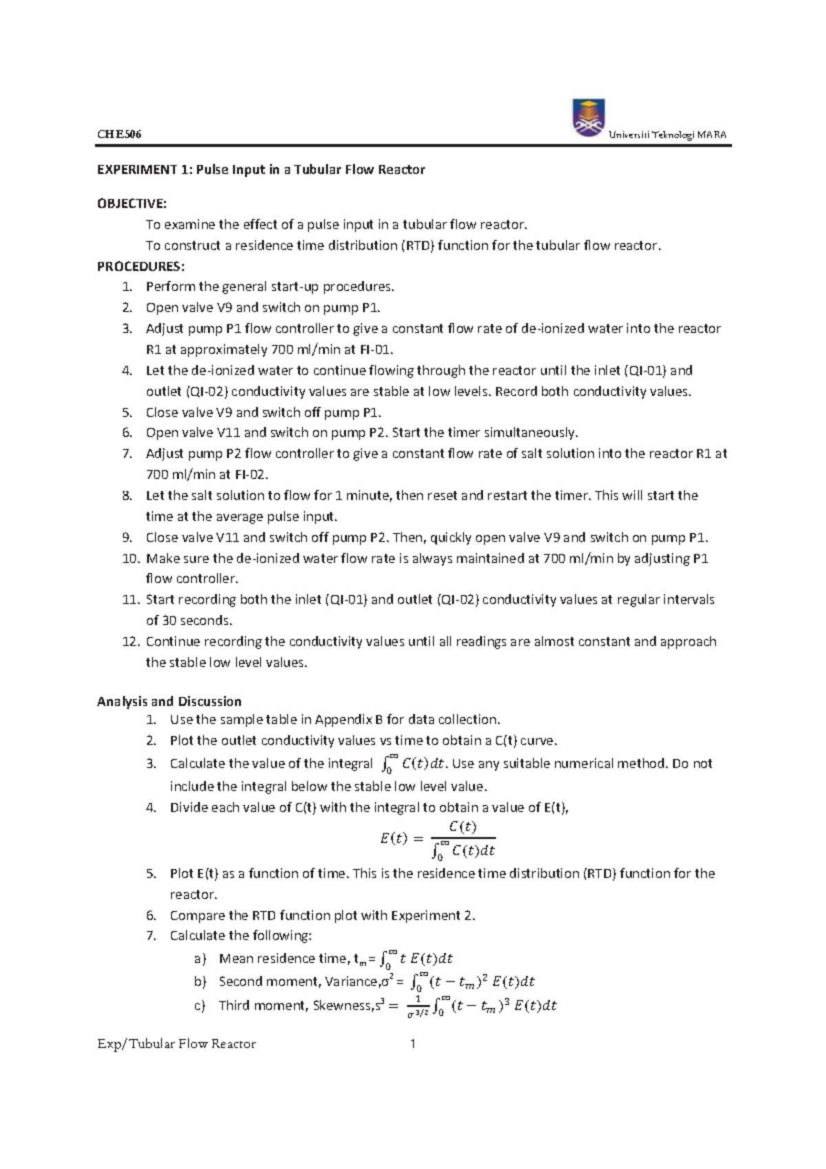CHE506 UiTM Lab Manual: Pulse & Step Input in Tubular Flow Reactors ...