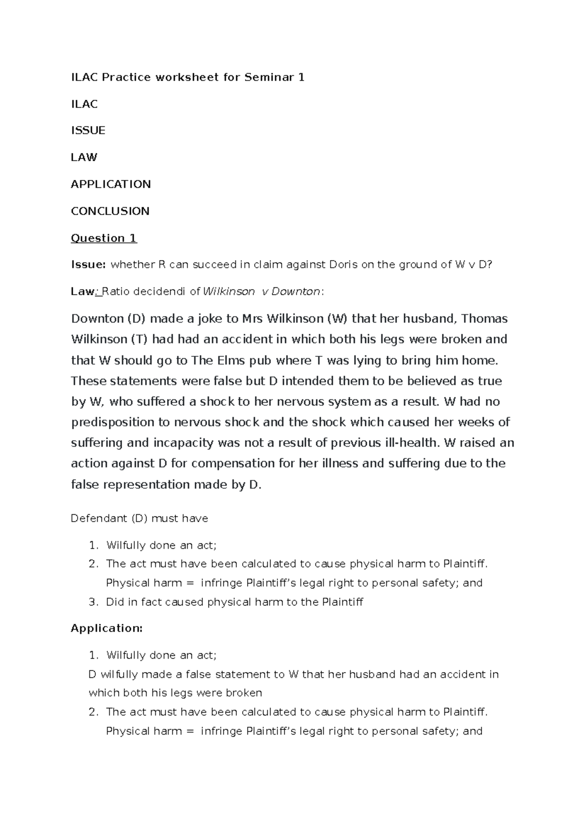 ILAC Practice Worksheet for Seminar 1: Legal Analysis and Application ...