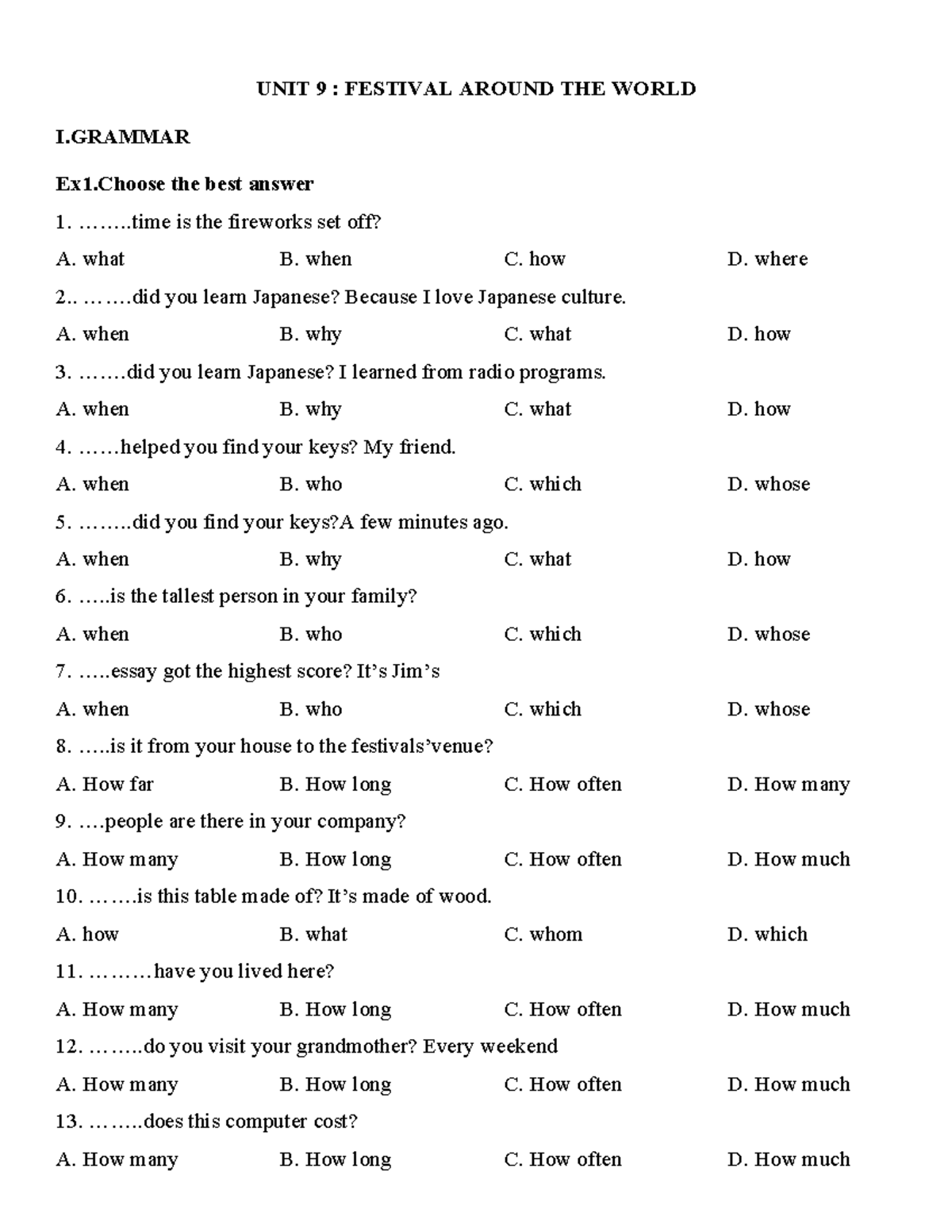 Unit 9: Festivals Around the World - English 7 Exercises and Grammar ...
