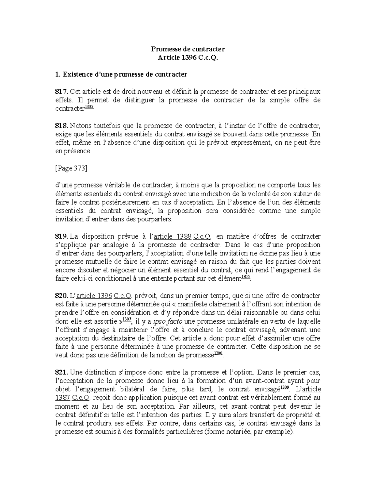 Promesse de contracter : Analyse de l'article 1396 C.c.Q. - Studocu