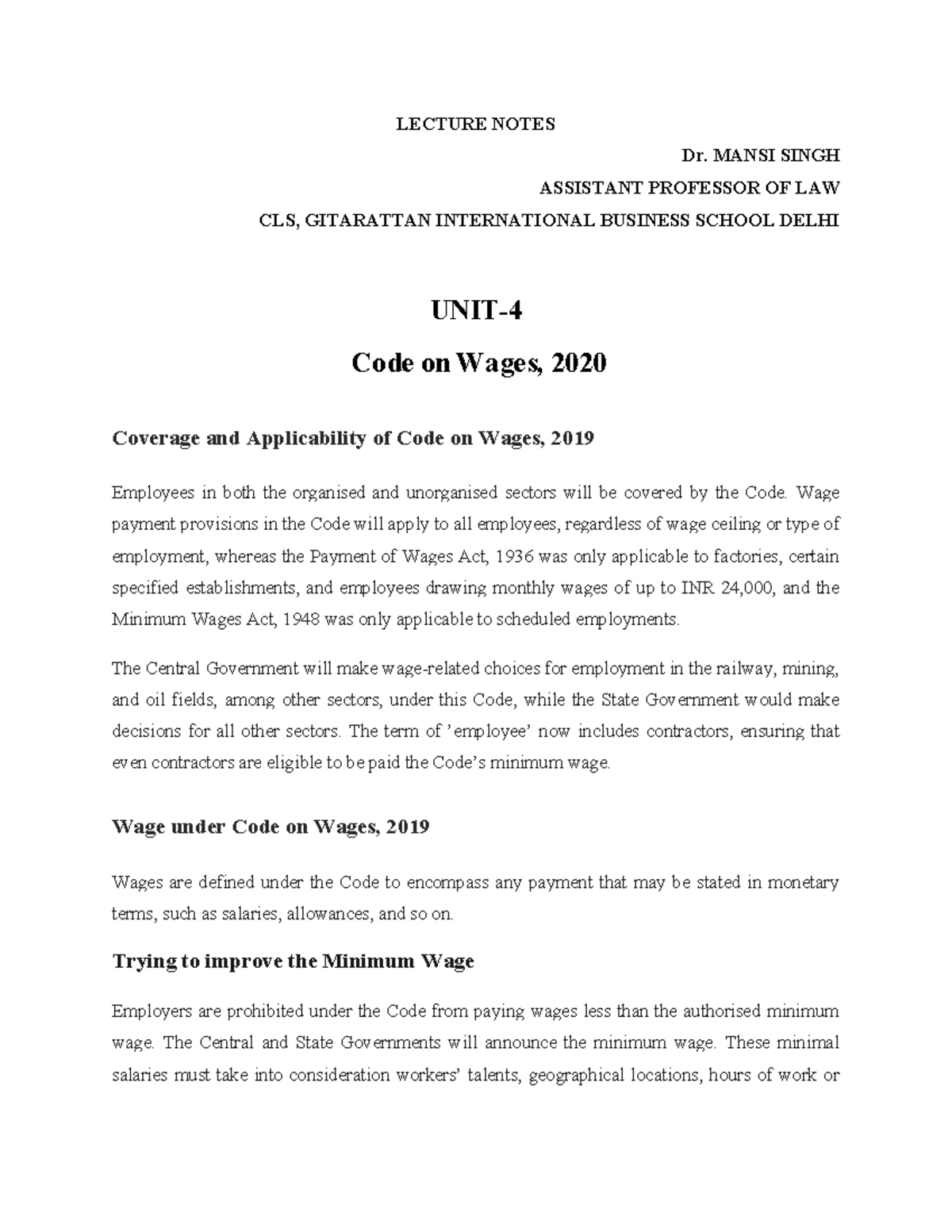 Unit 4: Labour Law - Lecture Notes on Code on Wages, 2019 - Studocu