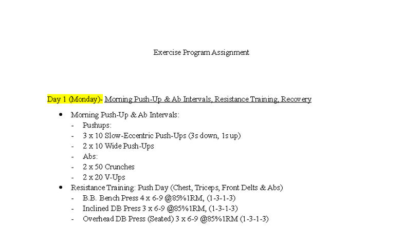 Exercise Program Assignment (Week 1): Resistance & Cardio Training ...