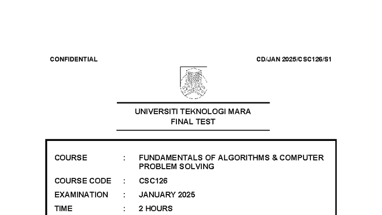 CSC126 Final Test: Fundamentals of Algorithms - Jan 2025 - Studocu