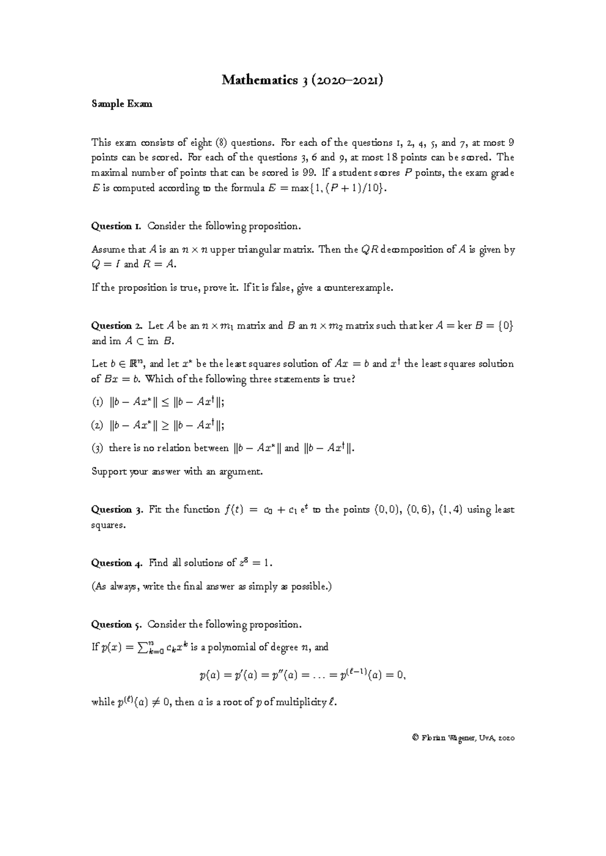 Mathematics 3 Practice Exam Sample Questions 2020-2021 - Studeersnel