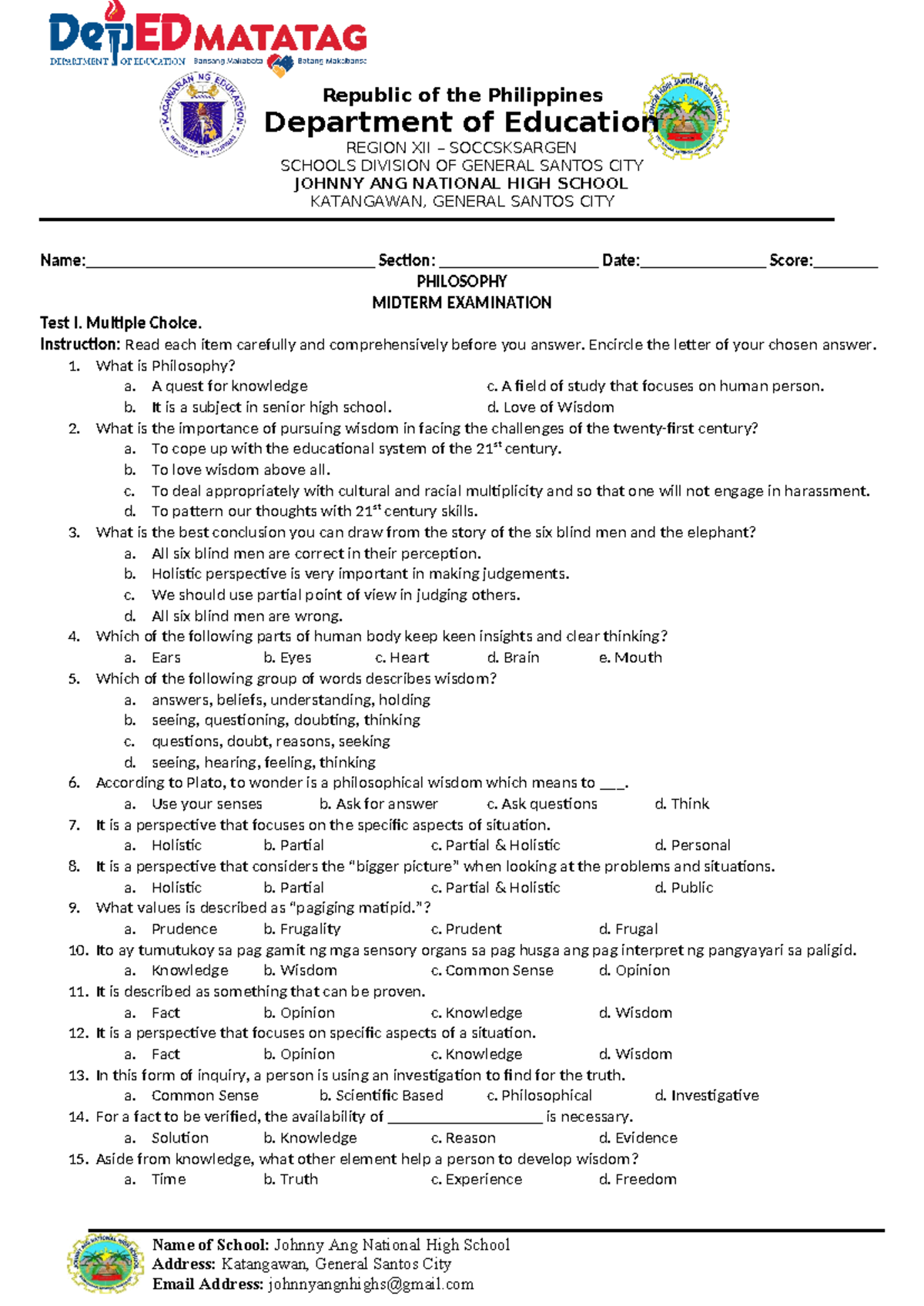 Philosophy Midterm - An example of examination given to student ...