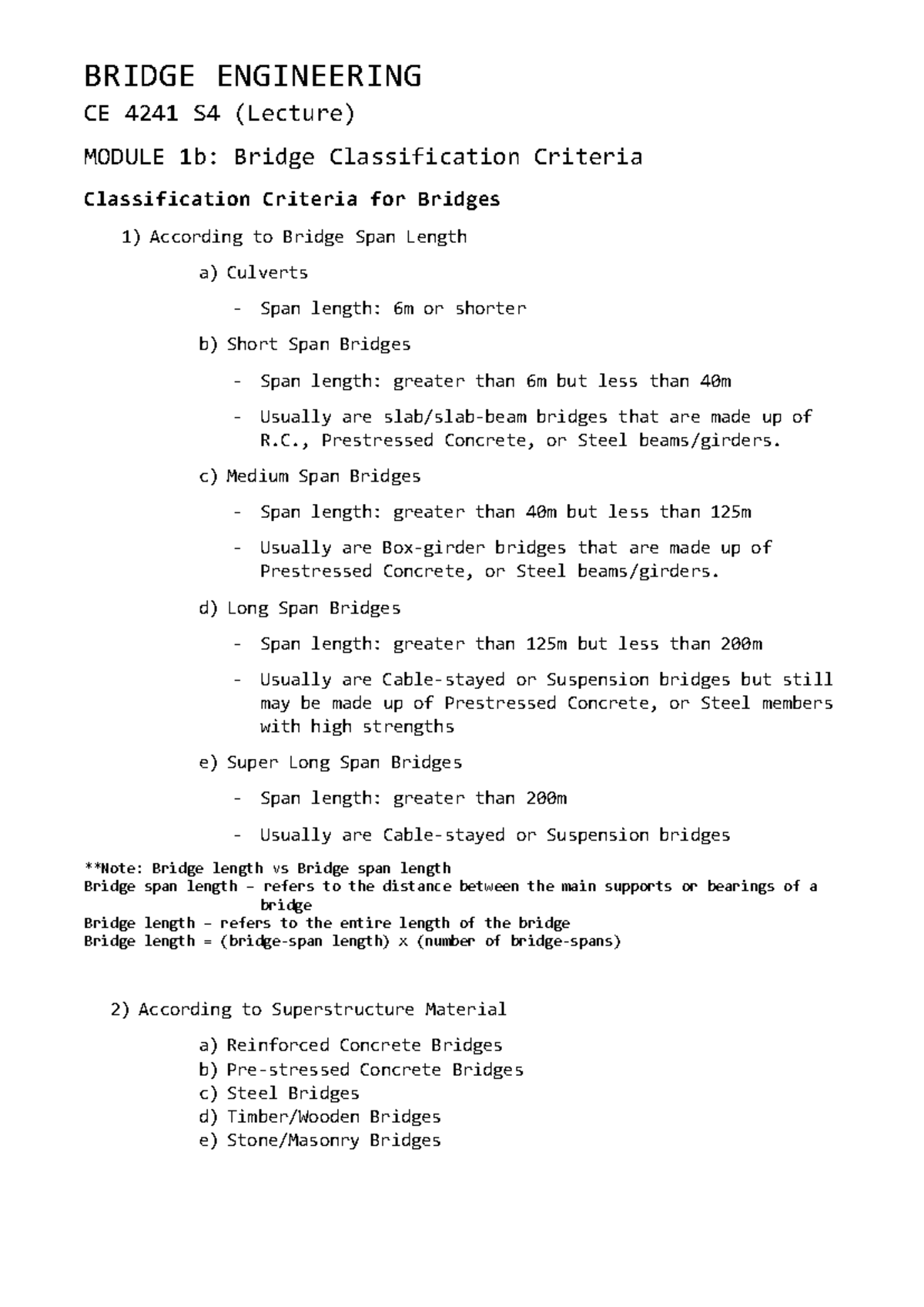 CE 4241 S4 Lecture: Module 1B Bridge Classification Criteria - Studocu