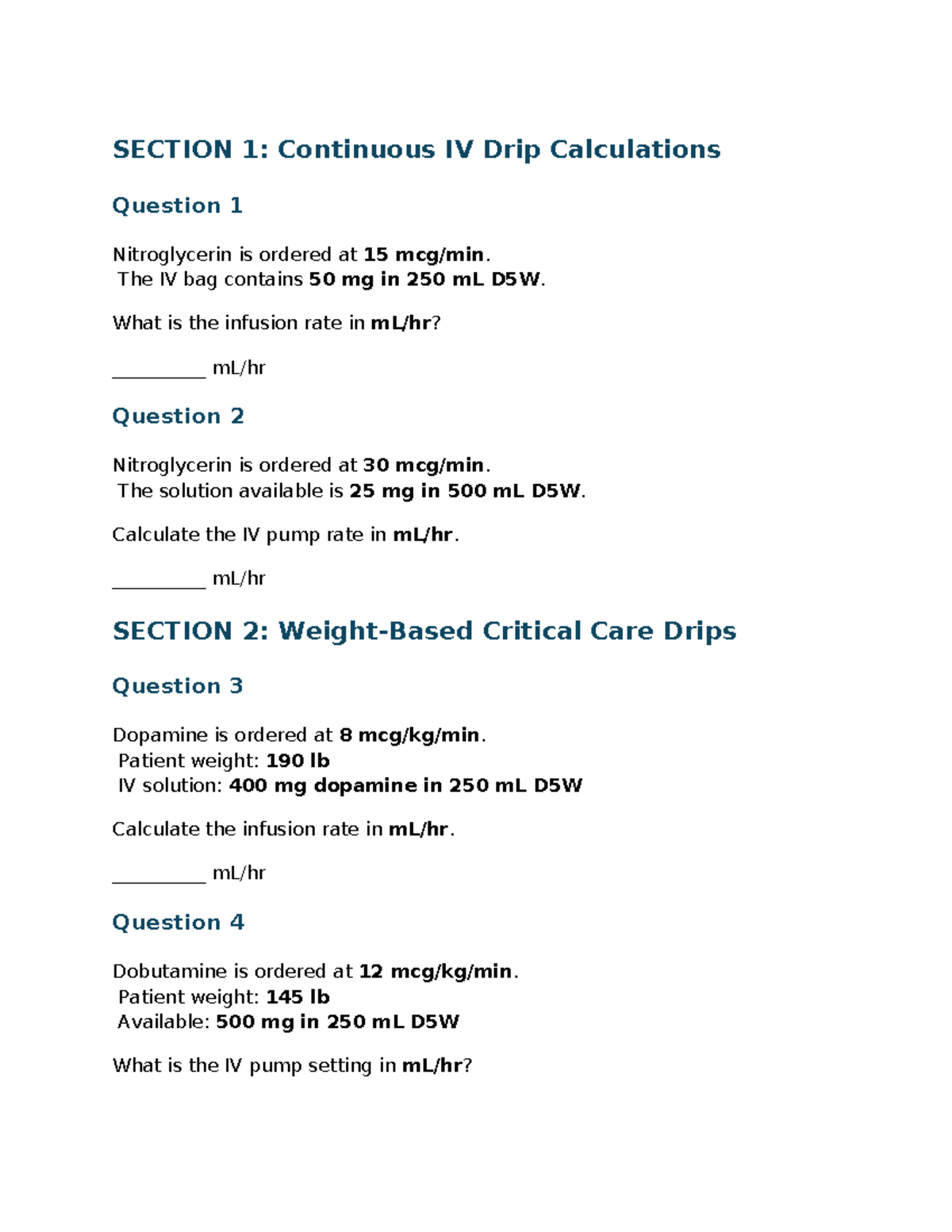 Practice Dosage Exam: IV Drip Calculations & Infusion Rates - Studocu