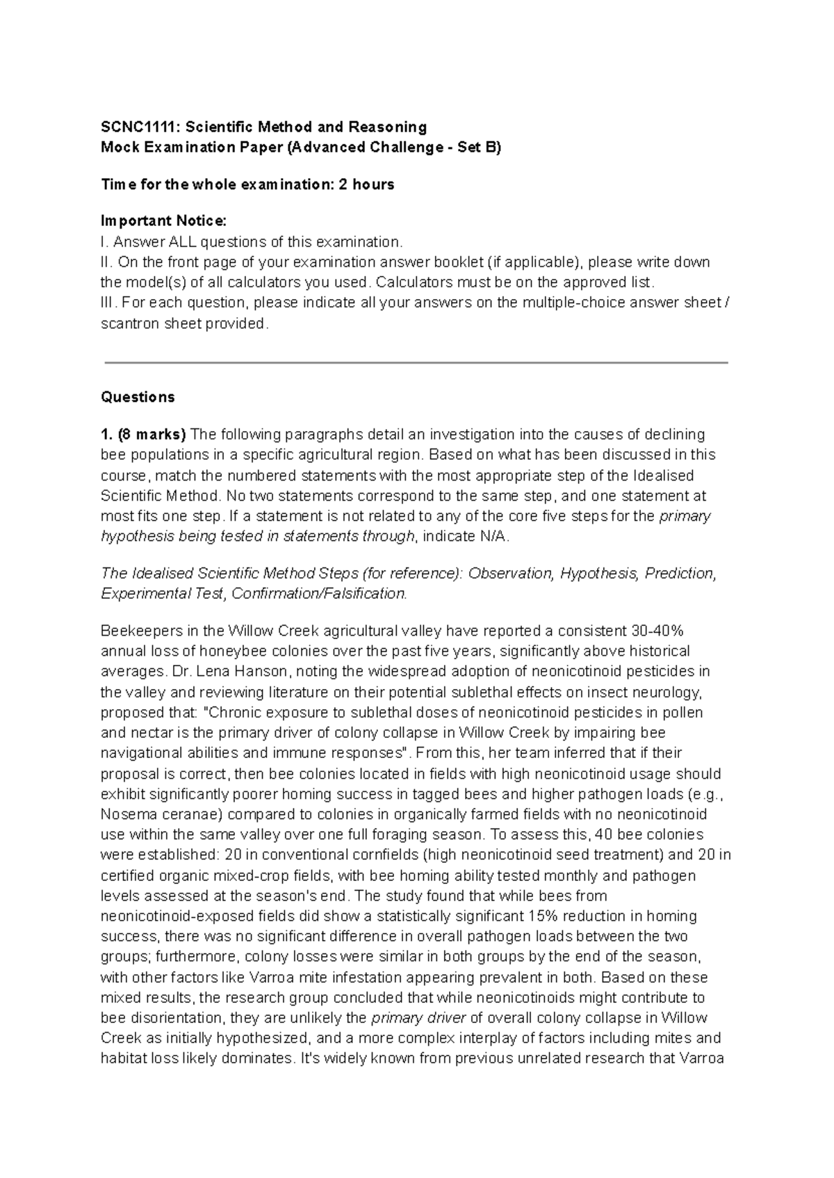 SCNC1111 Mock Examination Paper: Scientific Method & Reasoning Analysis ...