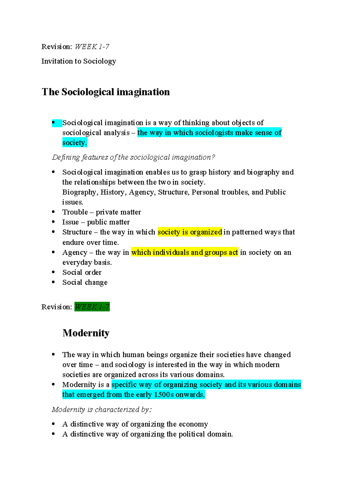 Revision SOC: Summary Notes on Sociological Imagination & Modernity ...