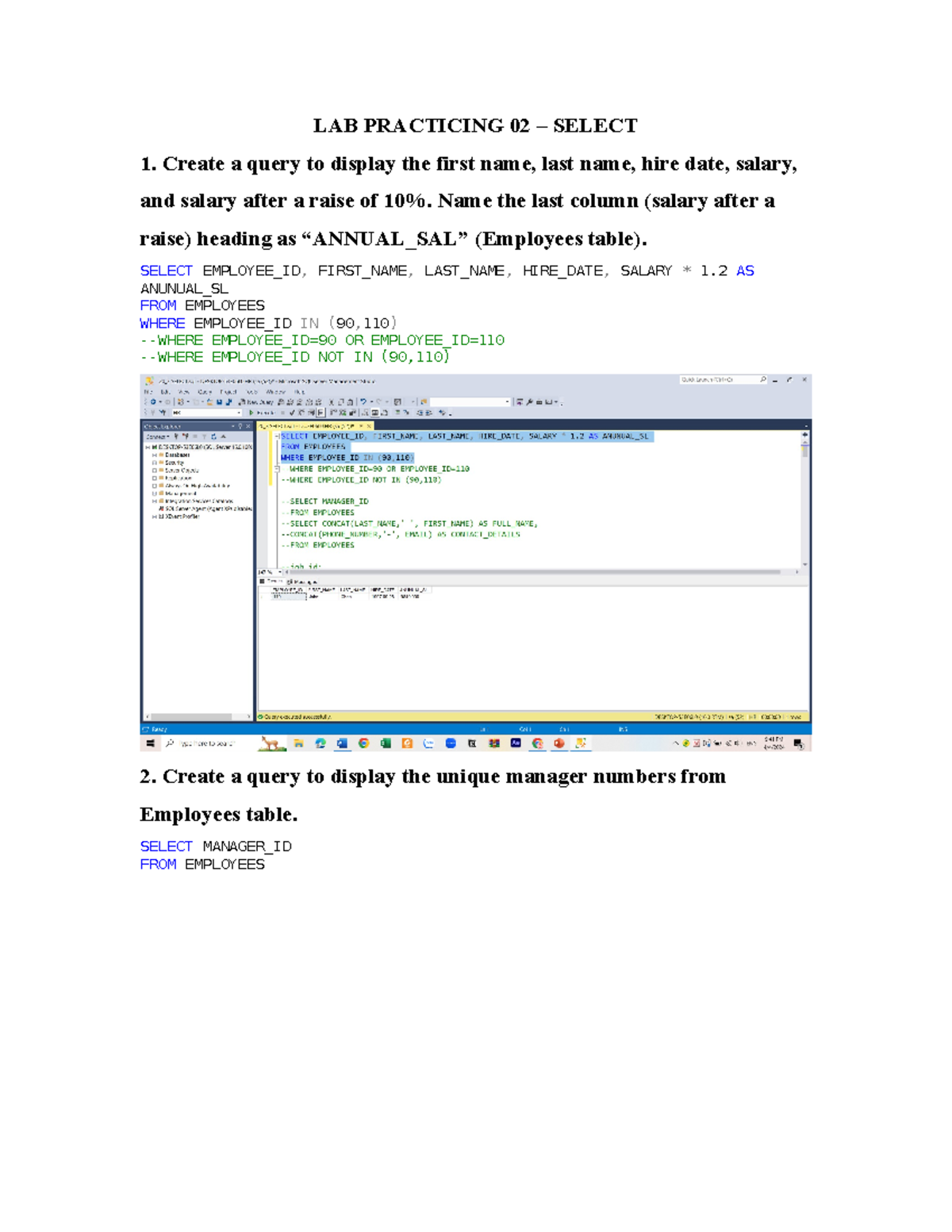 LAB PERSONAL 2023 - LAB PRACTICING 02 – SELECT 1. Create a query to ...