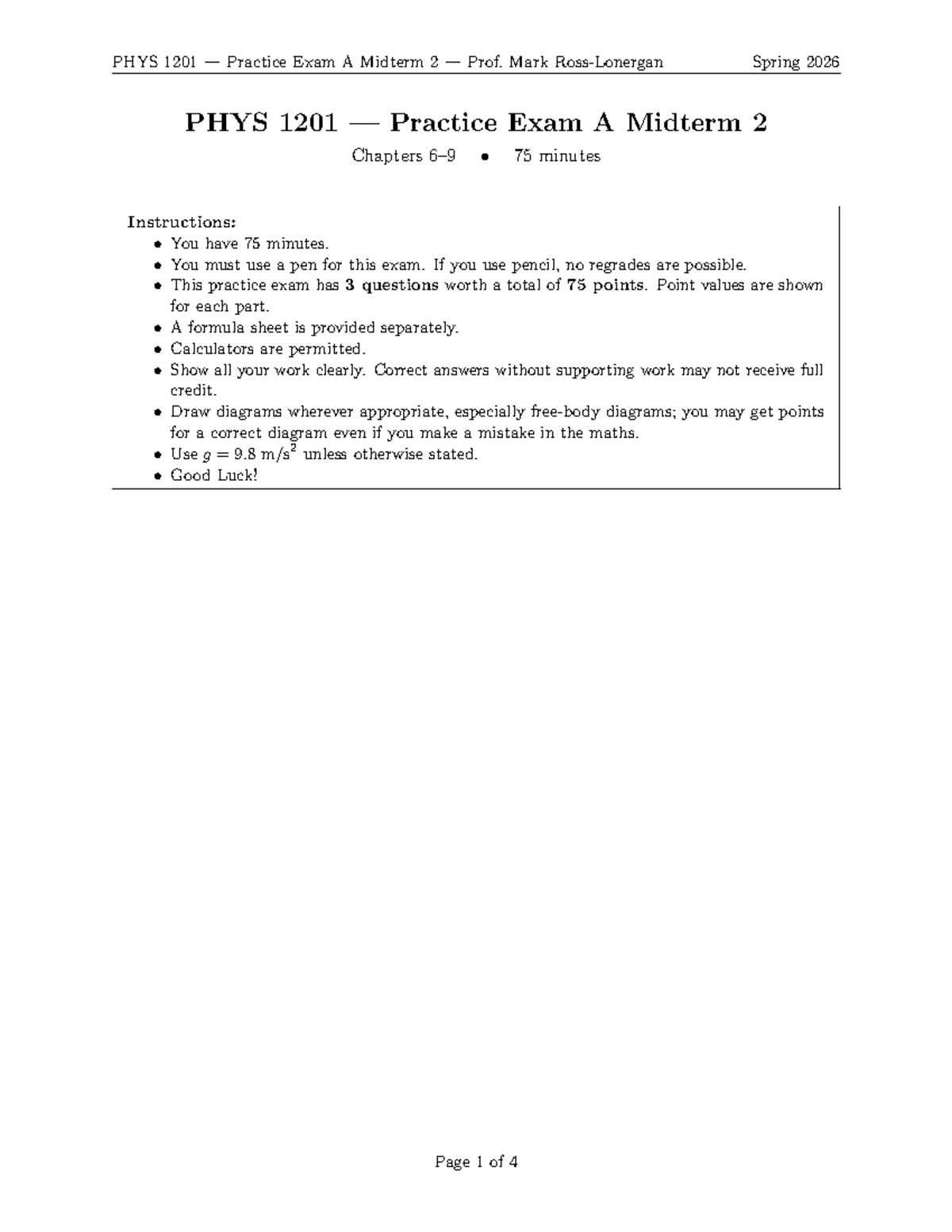 PHYS 1201 Midterm 2 Practice Exam A - Spring 2026 - Studocu