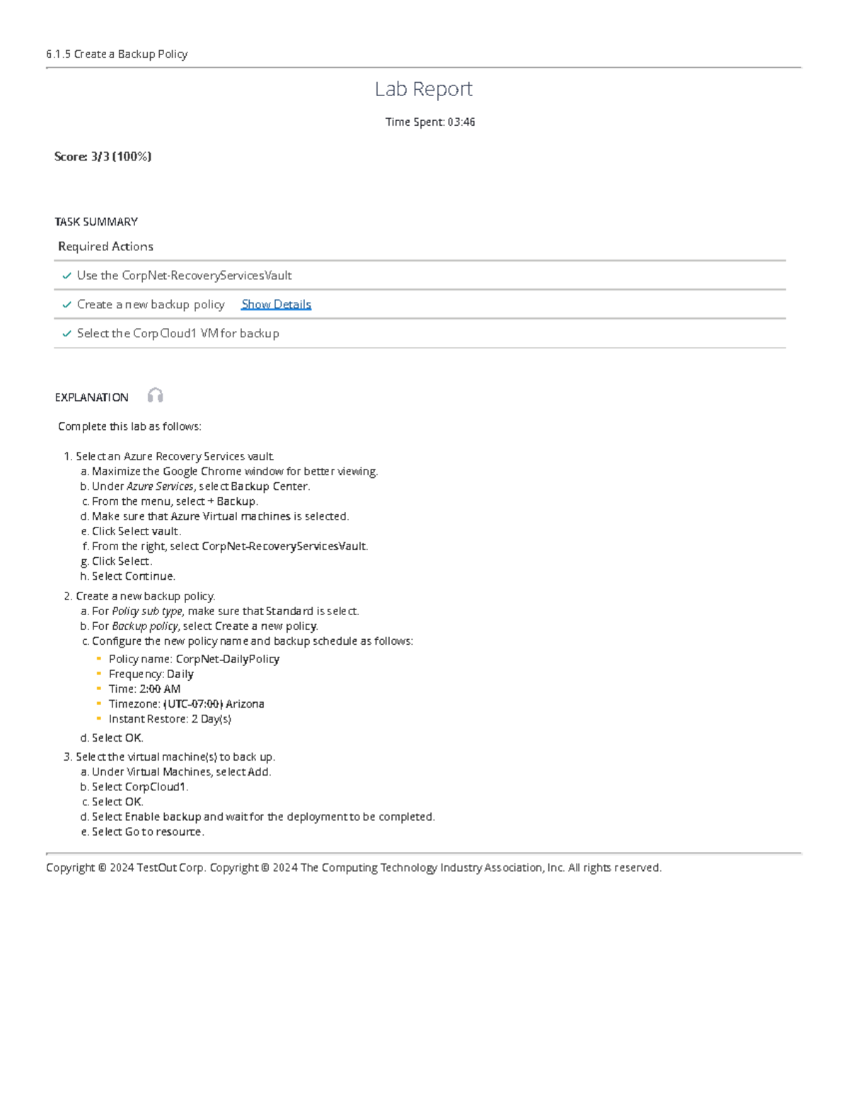 6.1.5 Lab Assignment: Backup Policy Creation for CorpCloud1 VM - Studocu