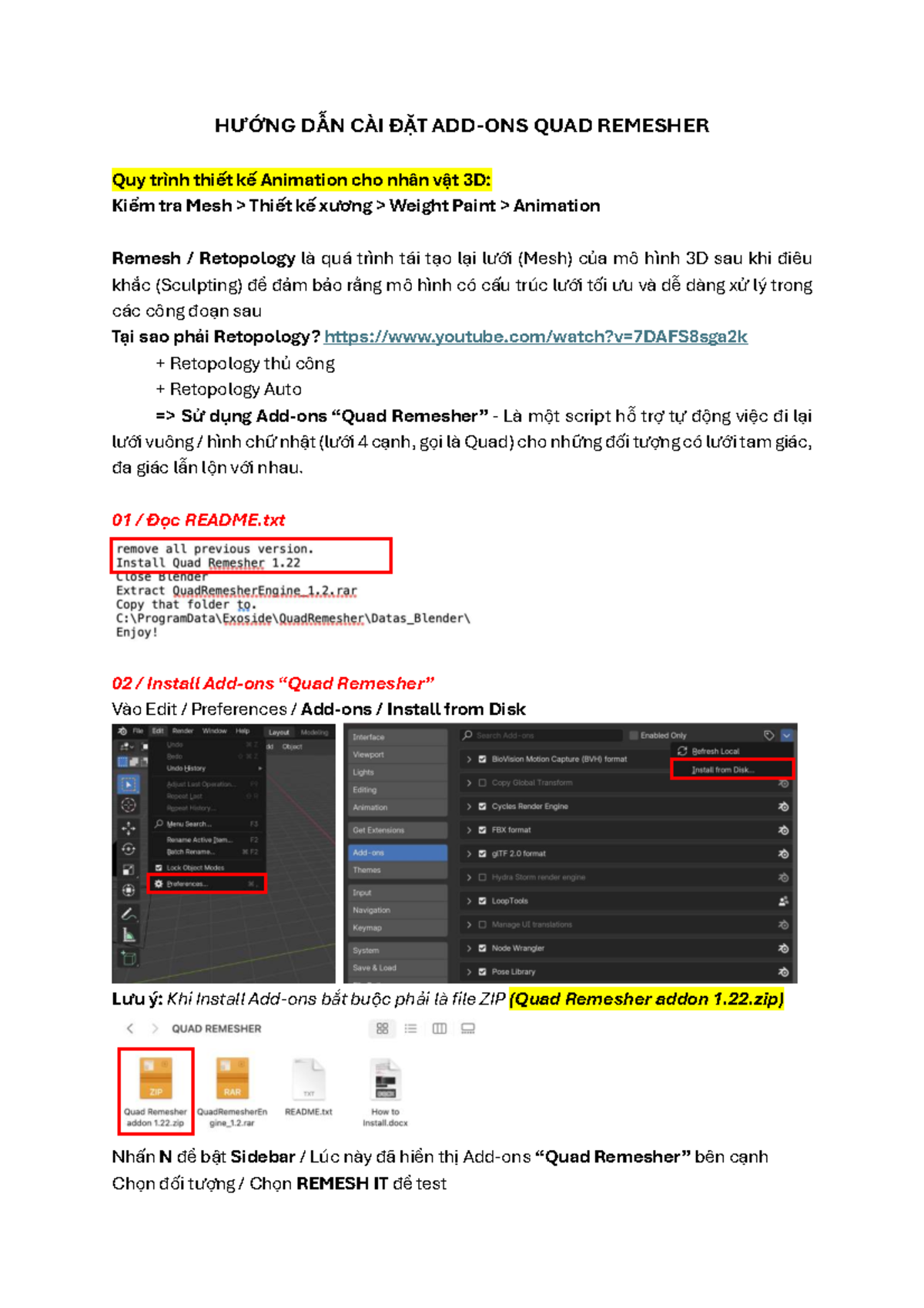 HƯỚNG DẪN CÀI ĐẶT QUAD REMESHER: Retopology cho 3D Animation - Studocu
