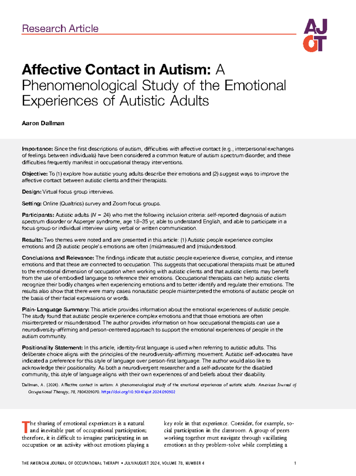 AOTA 2024: Affective Contact in Autism - Emotional Experiences of ...