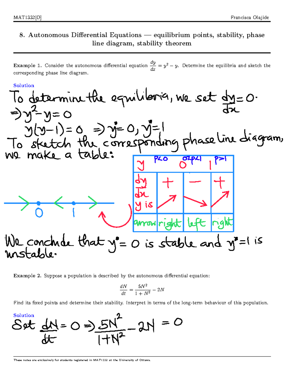 MAT1332 Lecture 8: Autonomous Differential Equations & Stability ...