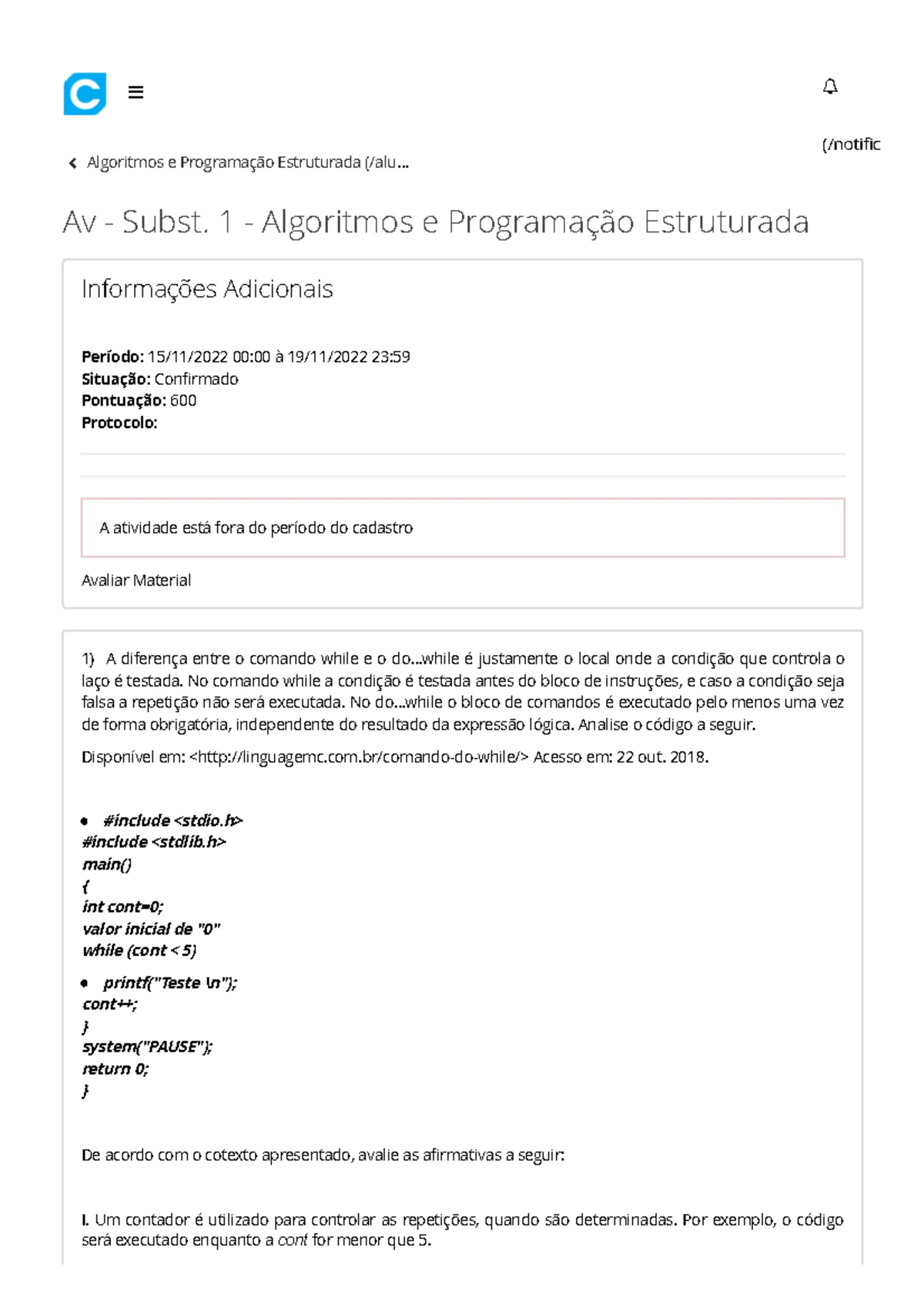 Relatório do Portfólio: Algoritmos e Programação Estruturada - 2023 ...