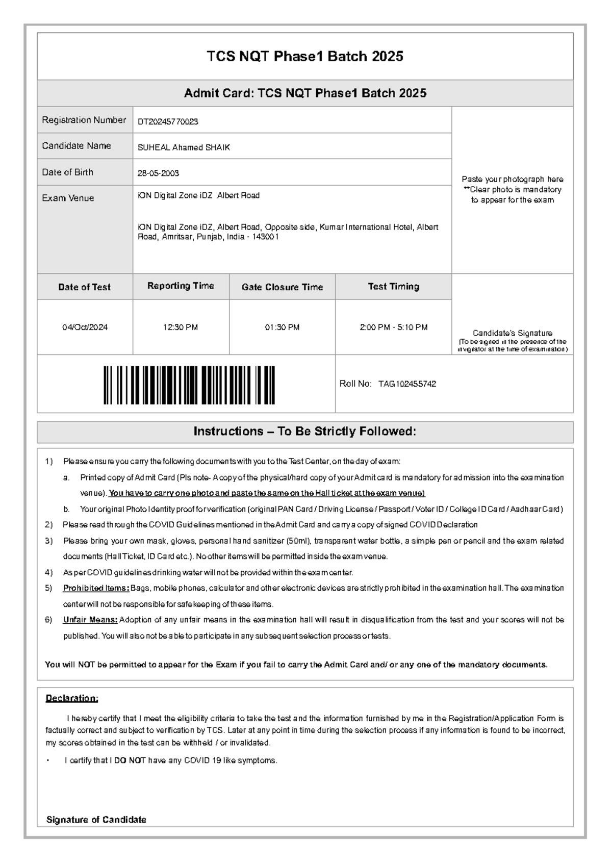 TCS NQT Phase 1 Batch 2025 Admit Card Instructions and Details - Studocu