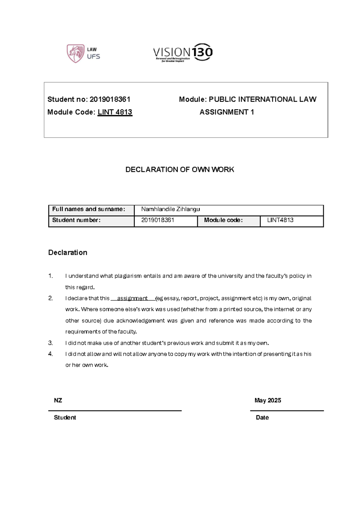 LINT 4813 Public International Law Assignment 1: Declaration of Own ...
