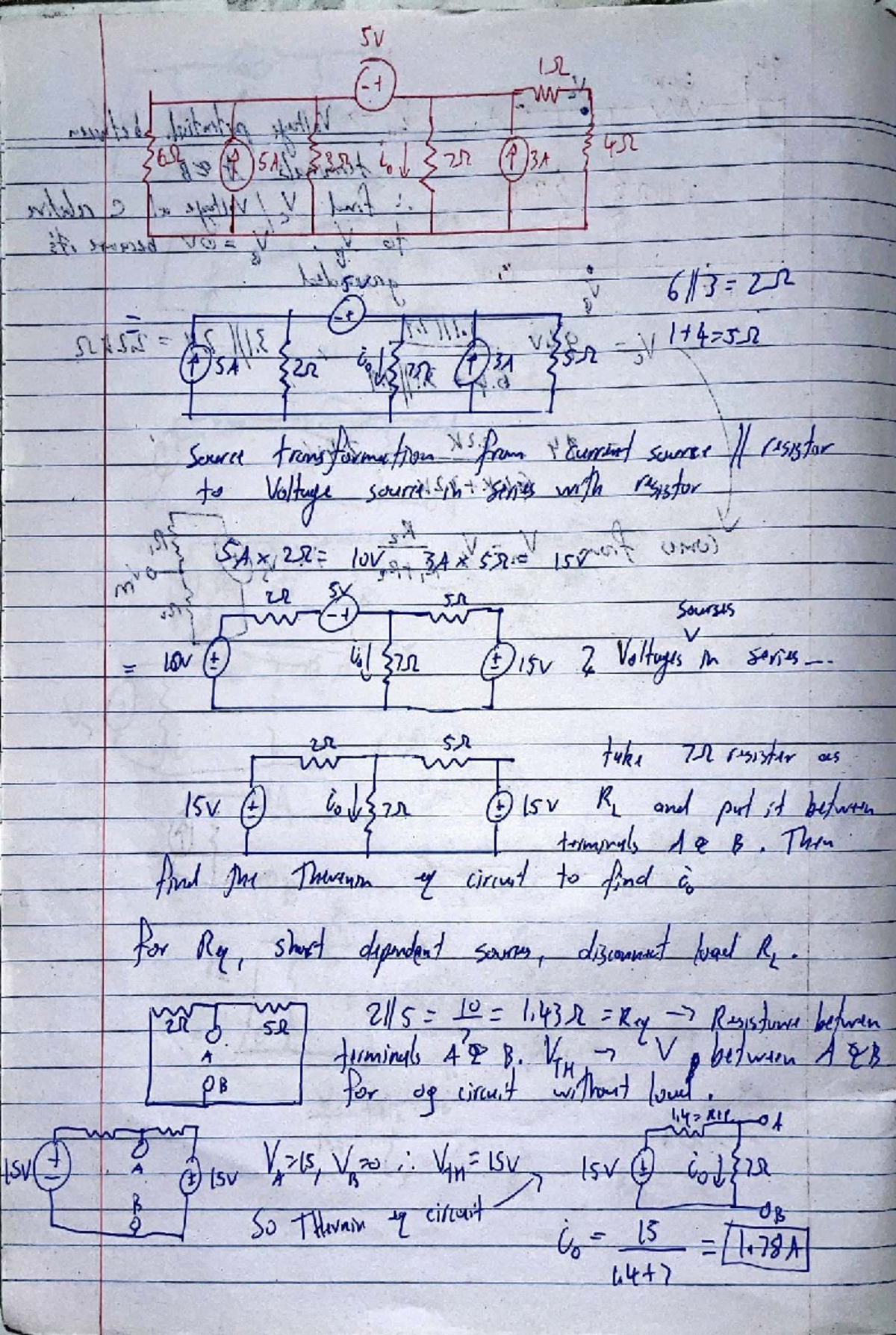 5V Circuit Analysis: Source Transformation & Thevenin's Theorem - Studocu
