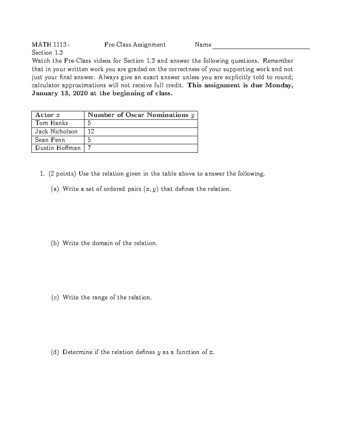 MATH 1113 - Pre-Class Assignment for Section 1.3 Review - Studocu