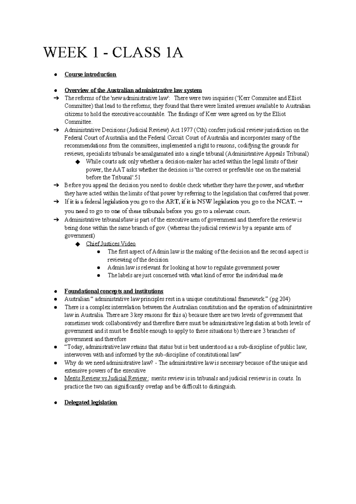 LAWS1160 Week 1 Class 1A: Intro to Australian Admin Law - Studocu