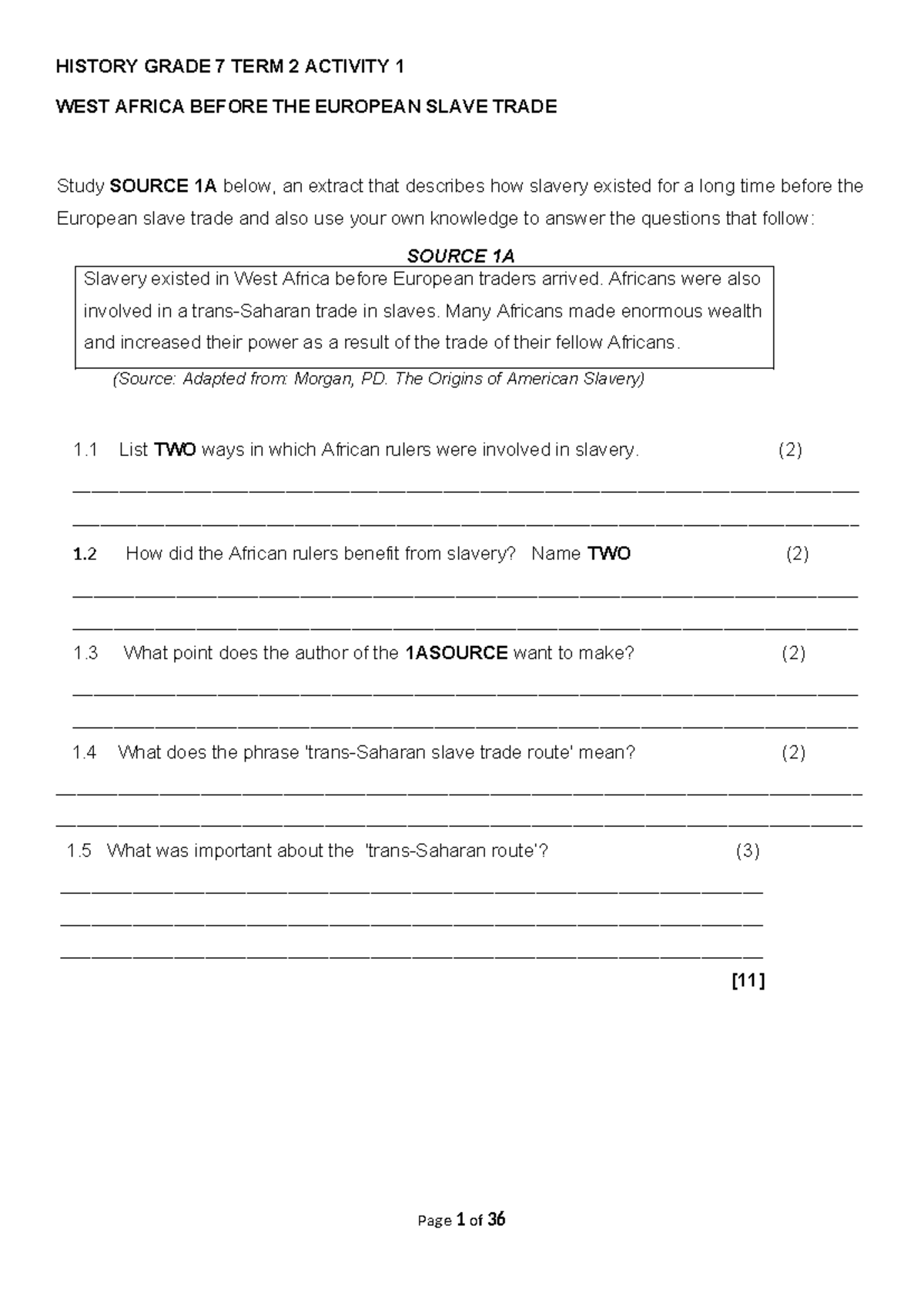 HISTORY GRADE 7 T2 WORKSHEETS: WEST AFRICA & SLAVERY STUDY - Studocu