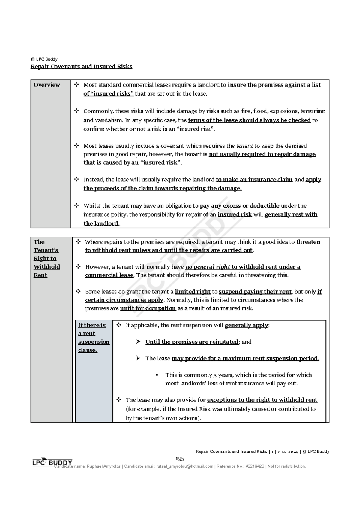 LPC 195 Repair Covenants & Insured Risks Overview for Landlords - Studocu
