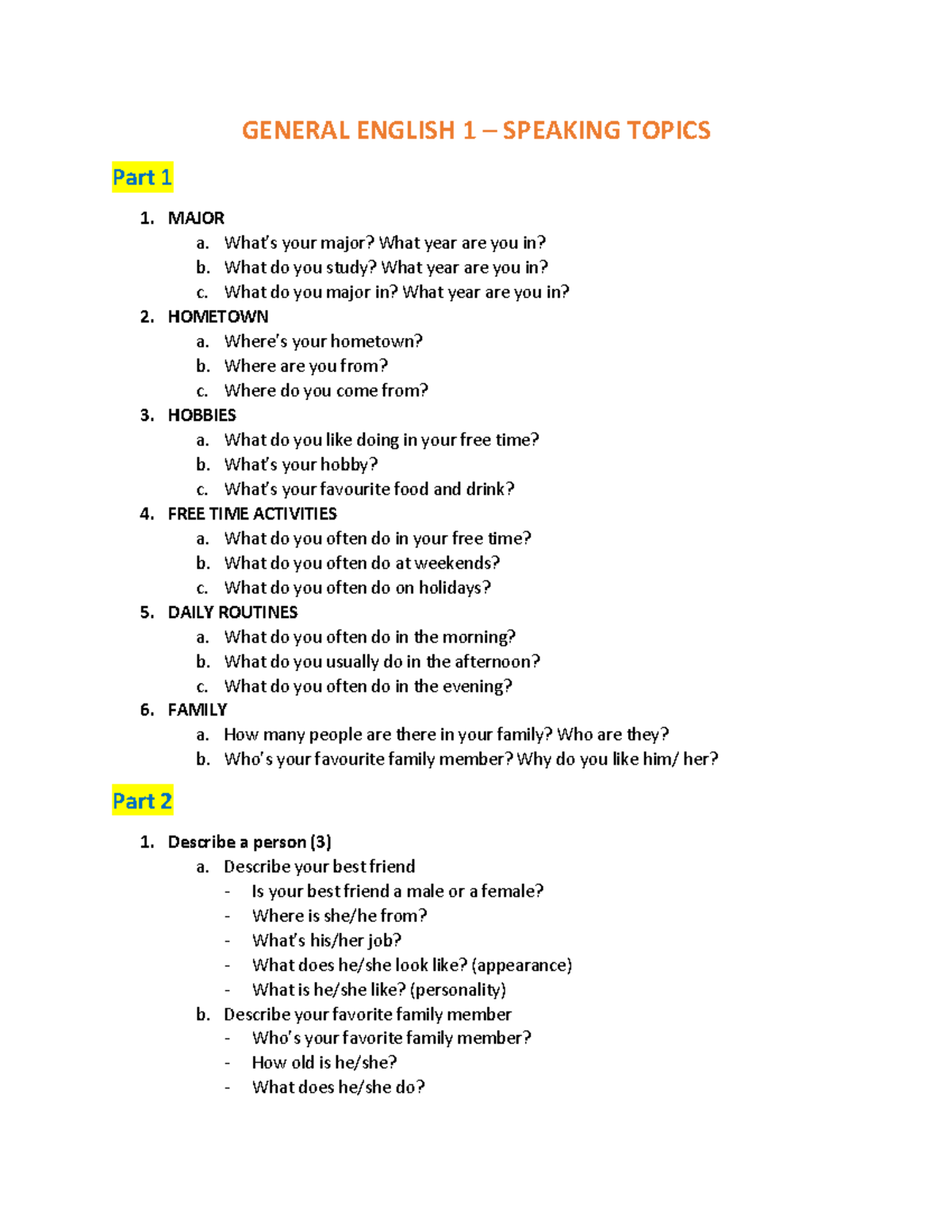 AVCB 1 - General English 1 Speaking Topics Guide - Studocu