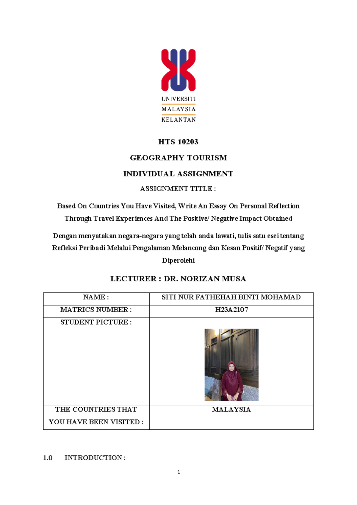 HTS 10203 Geography Individual Assignment: Personal Reflection on ...