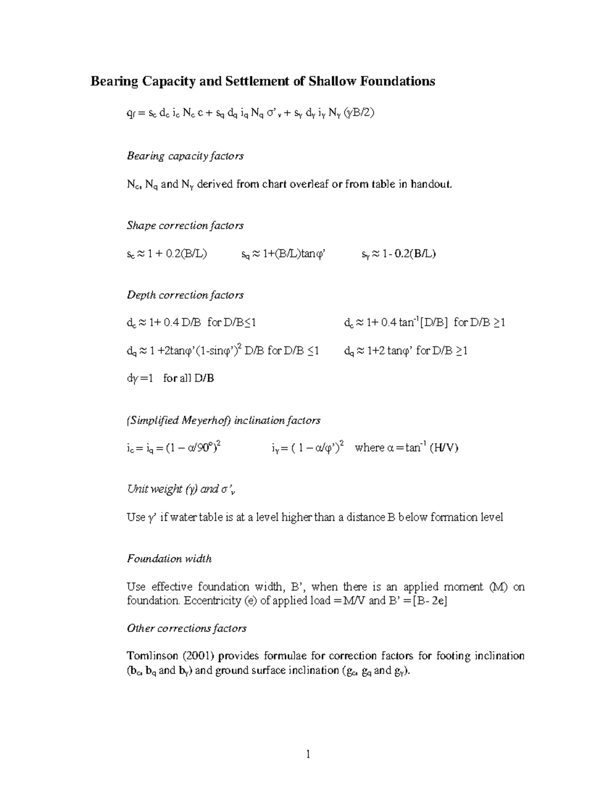 Bearing Capacity and Settlement Analysis of Shallow Foundations Handout ...