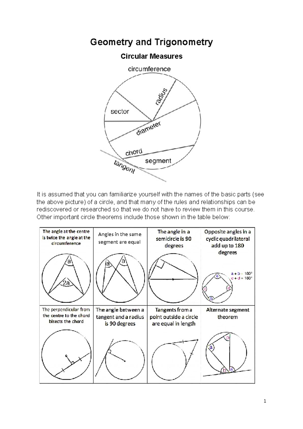 Math for Science - Geometry - Geometry and Trigonometry Circular ...