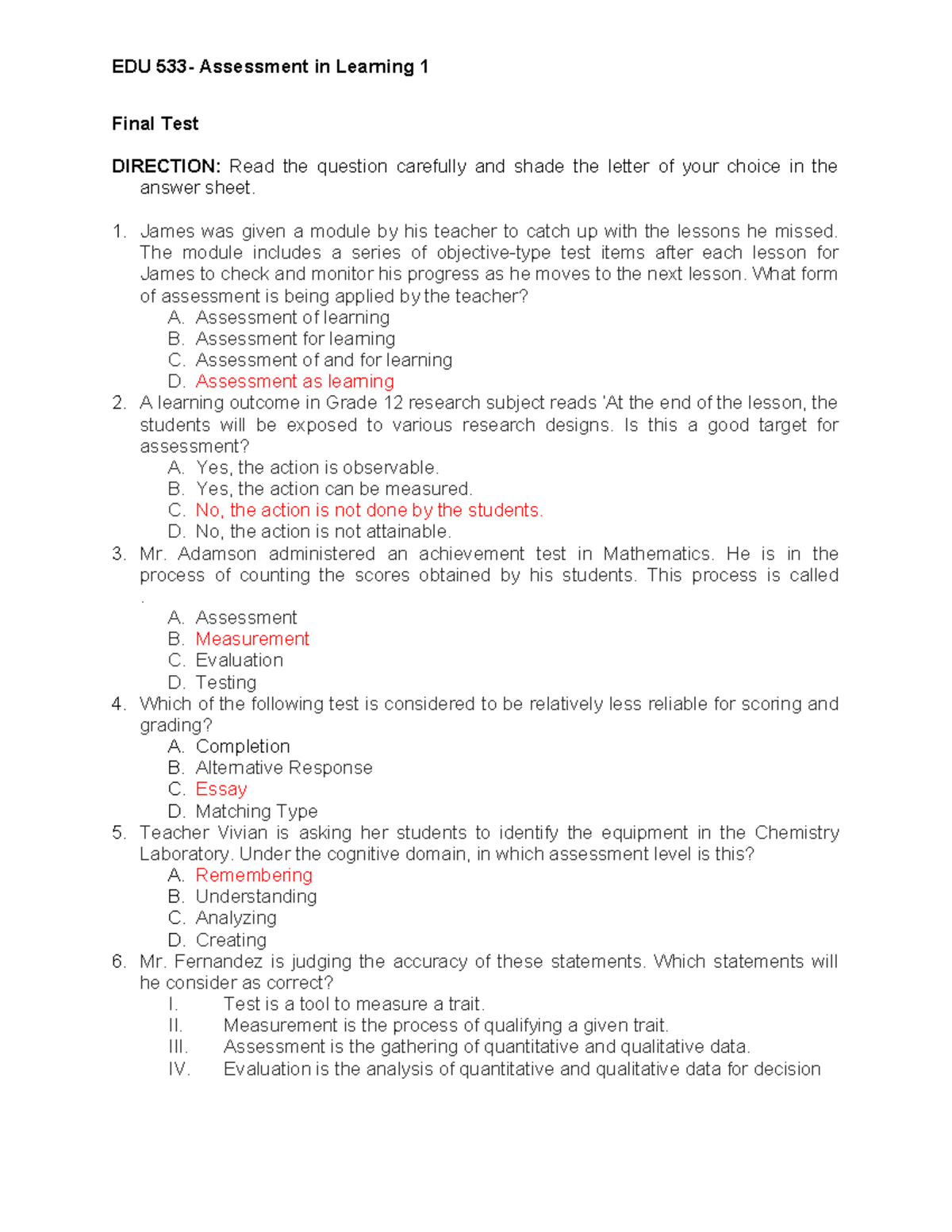 EDU 533 Final Test: Key Concepts in Assessment in Learning - Studocu