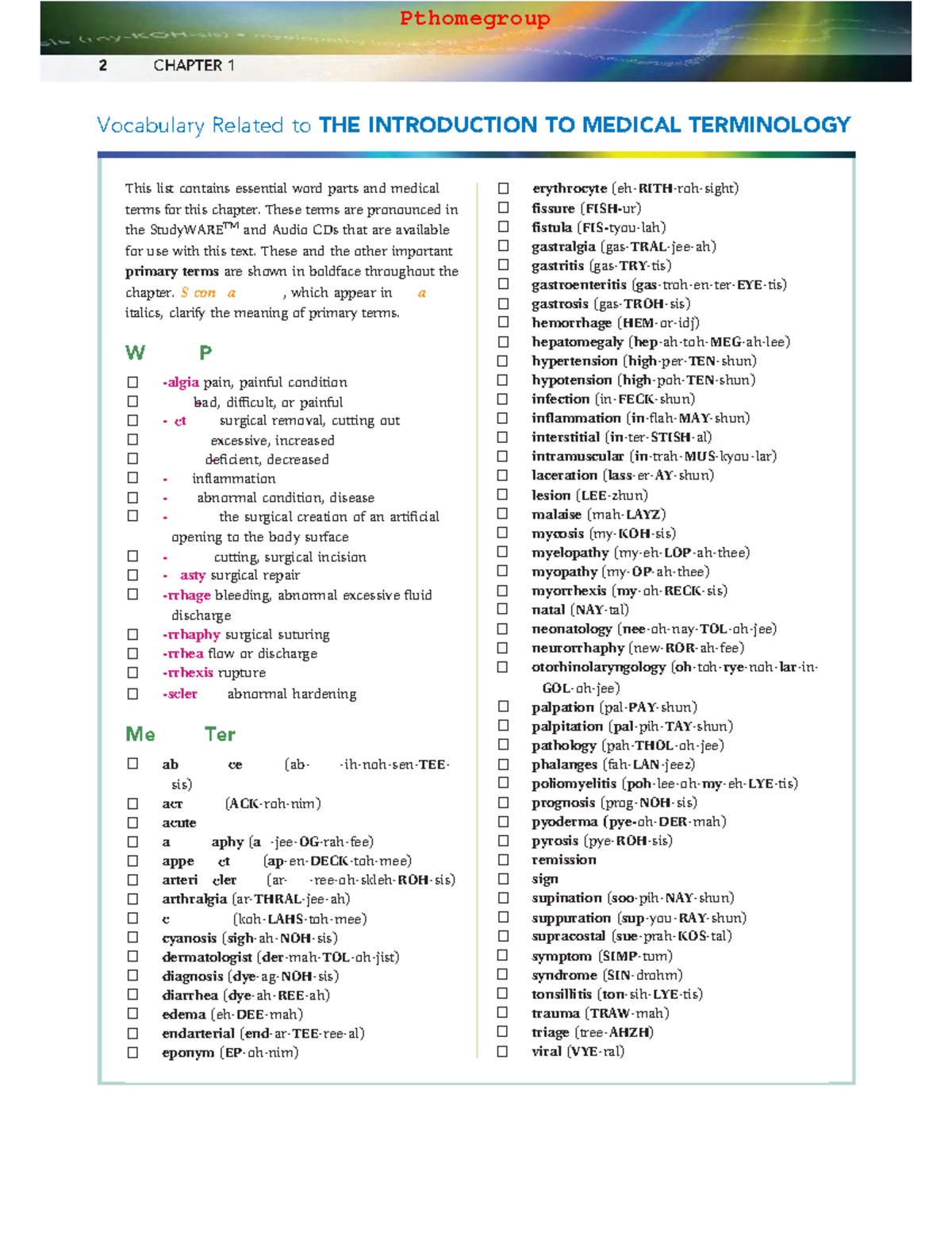 Pthomegroup CHAPTER 1 Vocabulary and Key Terms in Medical Terminology ...