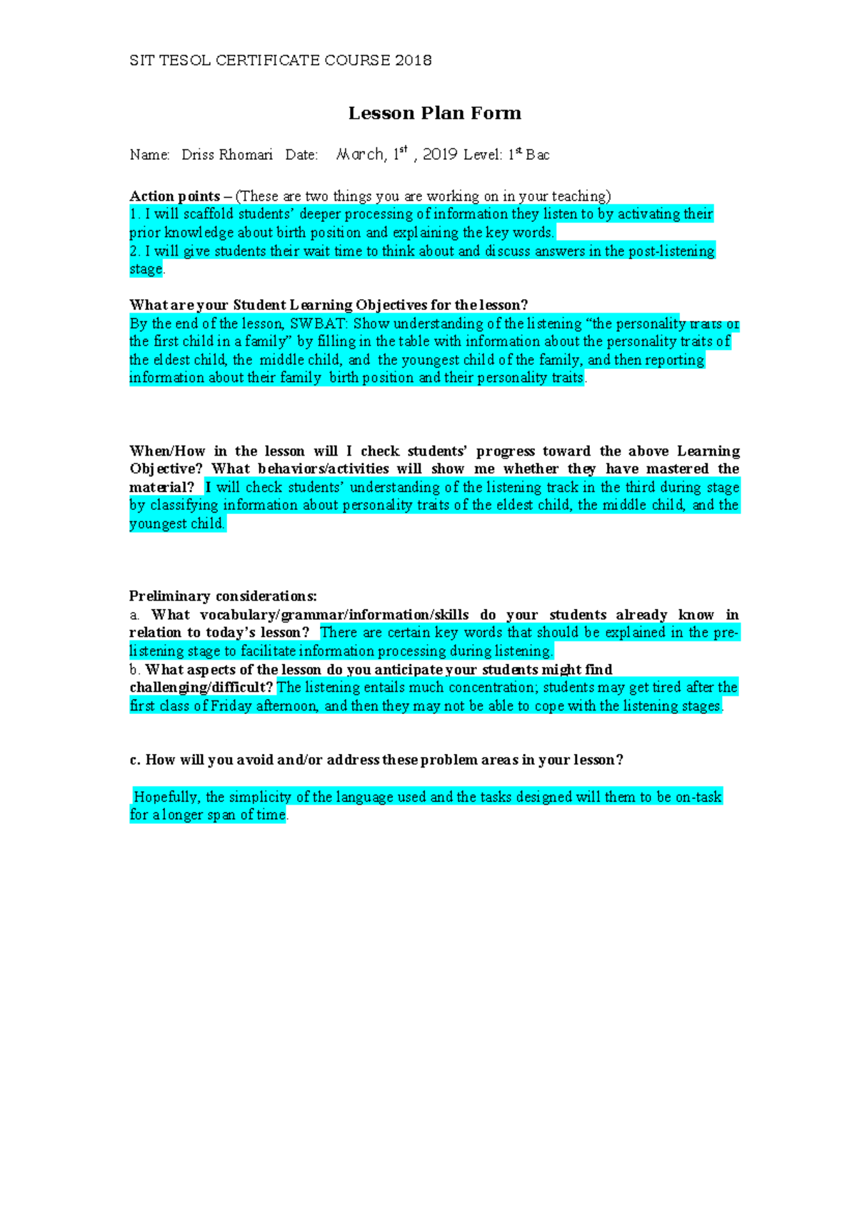Listening Lesson Plan usinf the PDP Framework (Pre-During-Post) - SIT ...