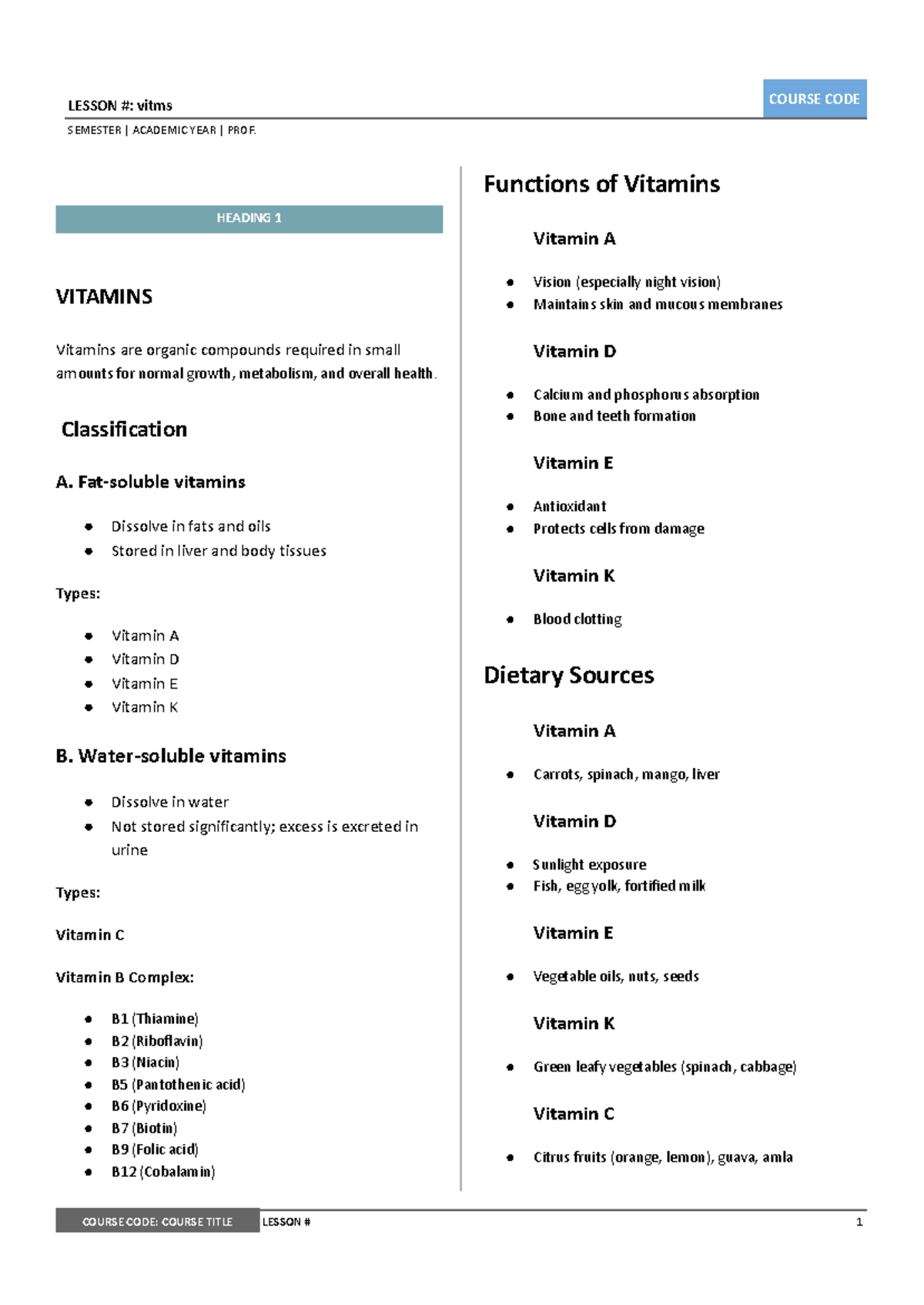 COURSE CODE LESSON: Functions of Vitamins and Their Sources - Studocu