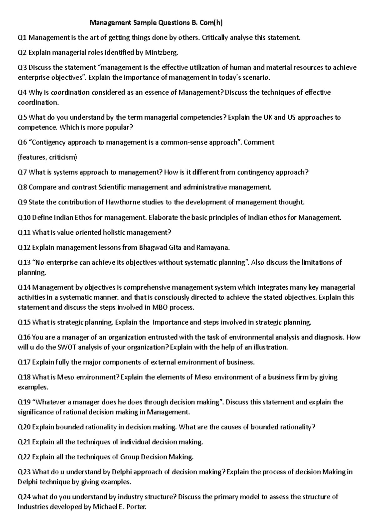 Management Question Bank for BCOM(H) – Key Concepts & Theories - Studocu
