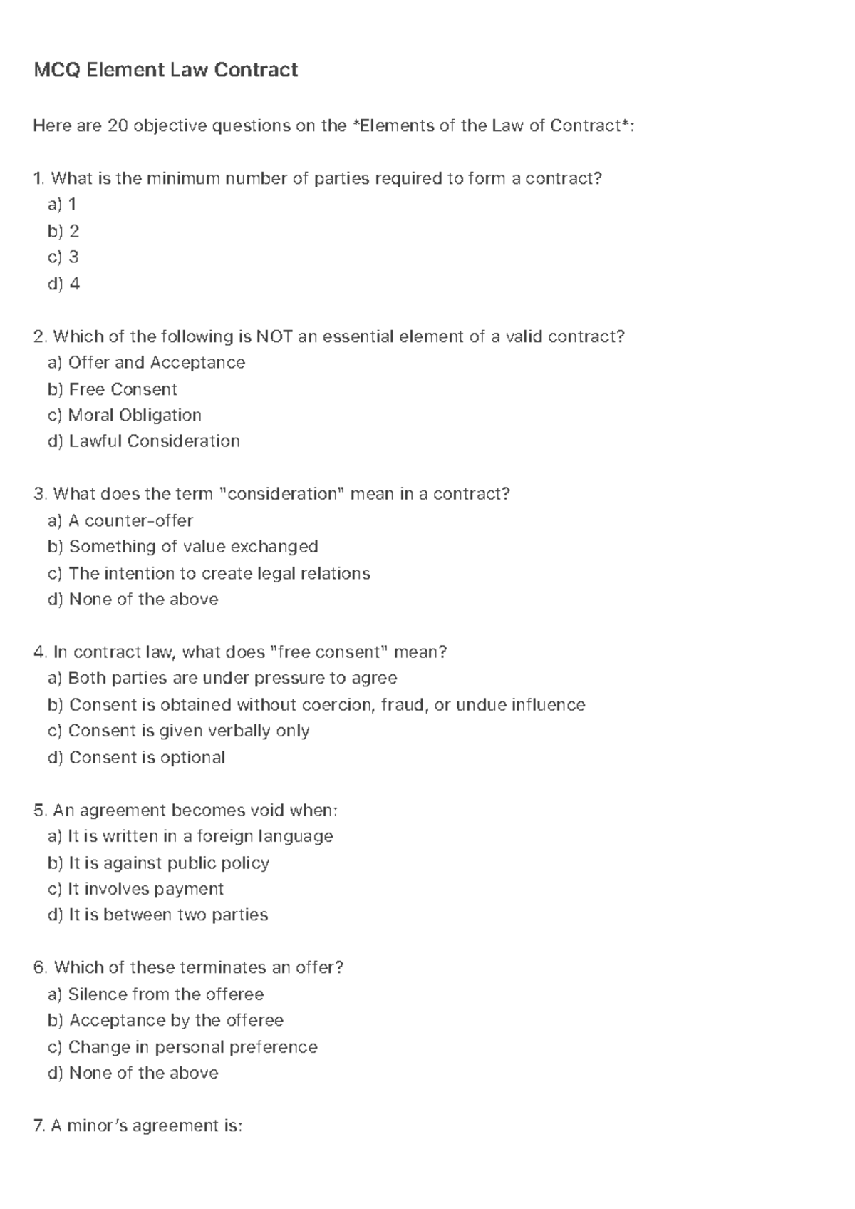 MCQ on Elements of Contract Law (Course Code: LAW101) - Studocu