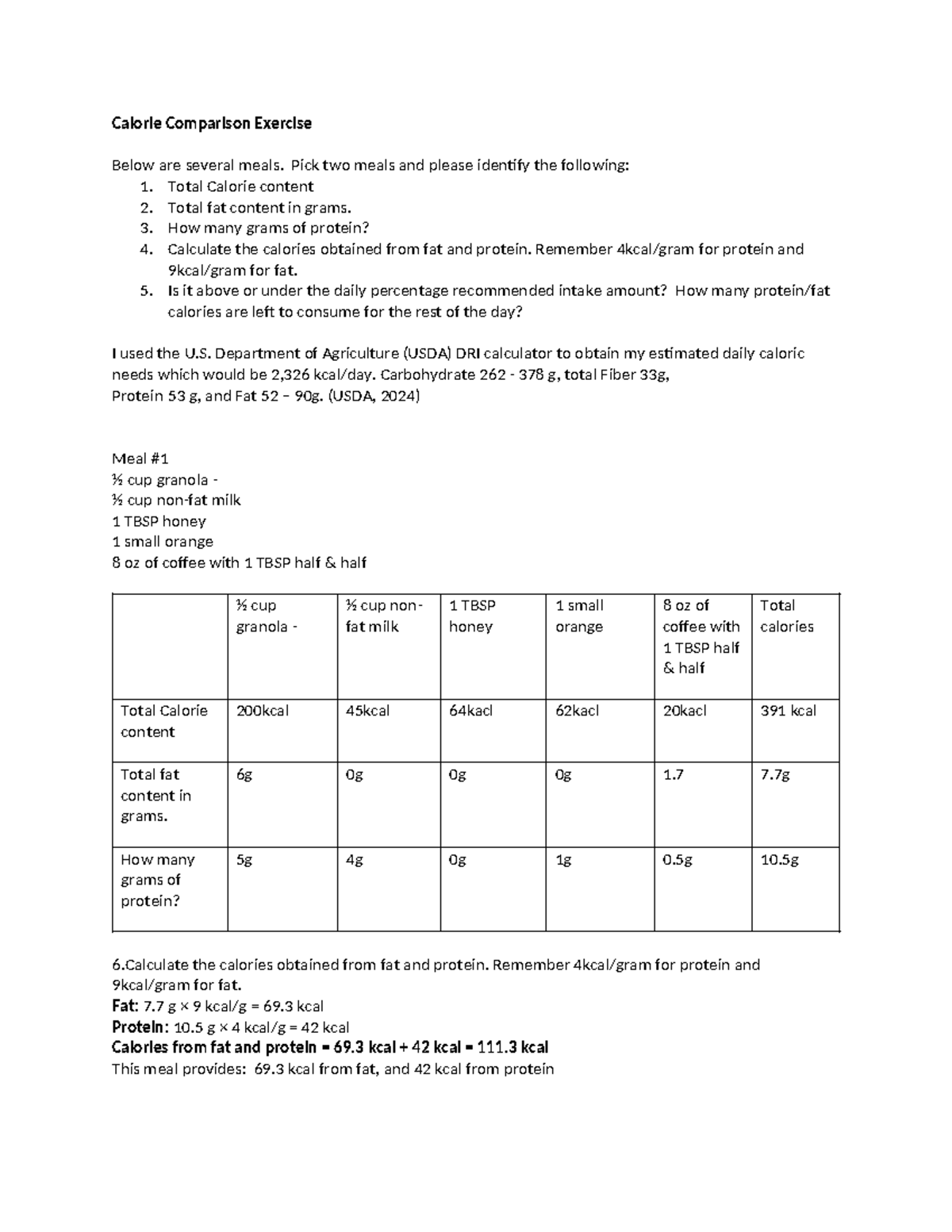 Calorie Comparison Exercise: Meal Analysis and Nutritional Breakdown ...