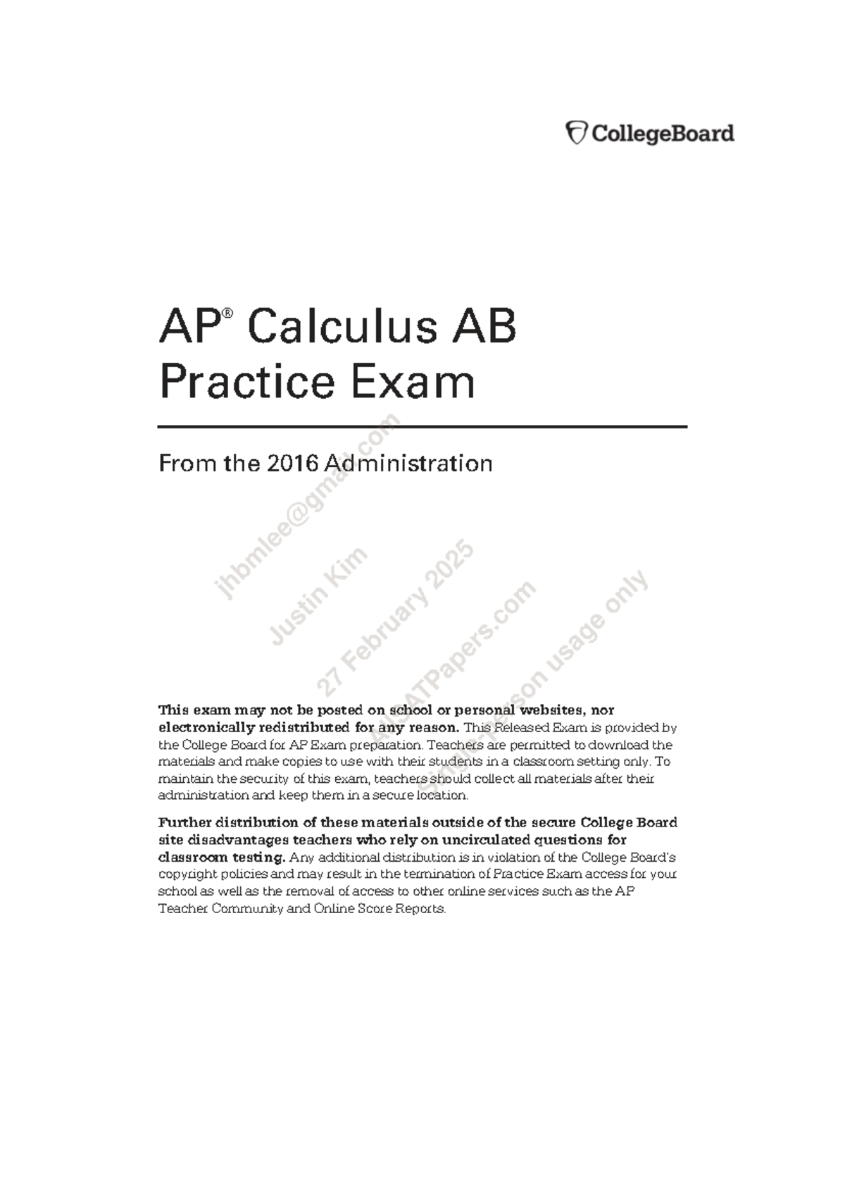 AP Calculus AB 2016 Practice Exam Instructions and Guidelines - Studocu
