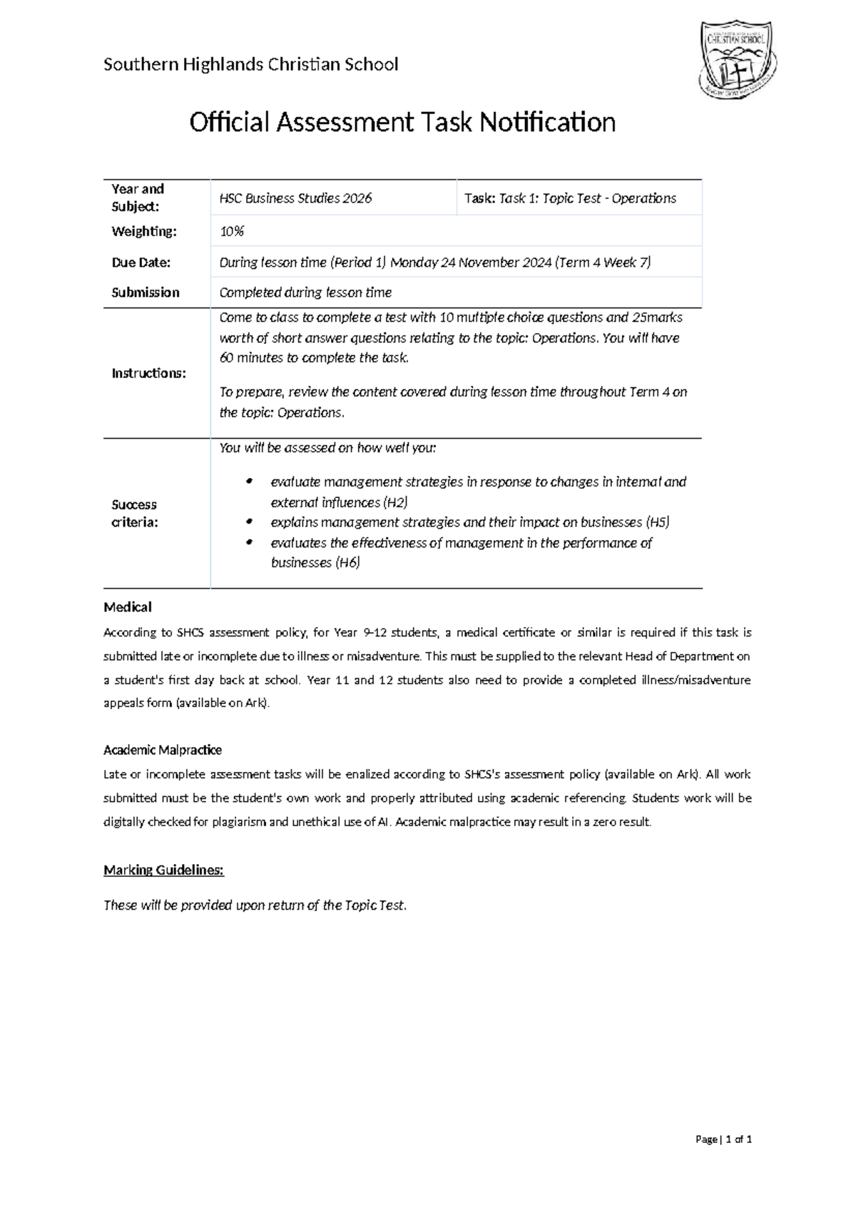 BS HSC 26 Topic Test Notification: Operations Assessment Task - Studocu