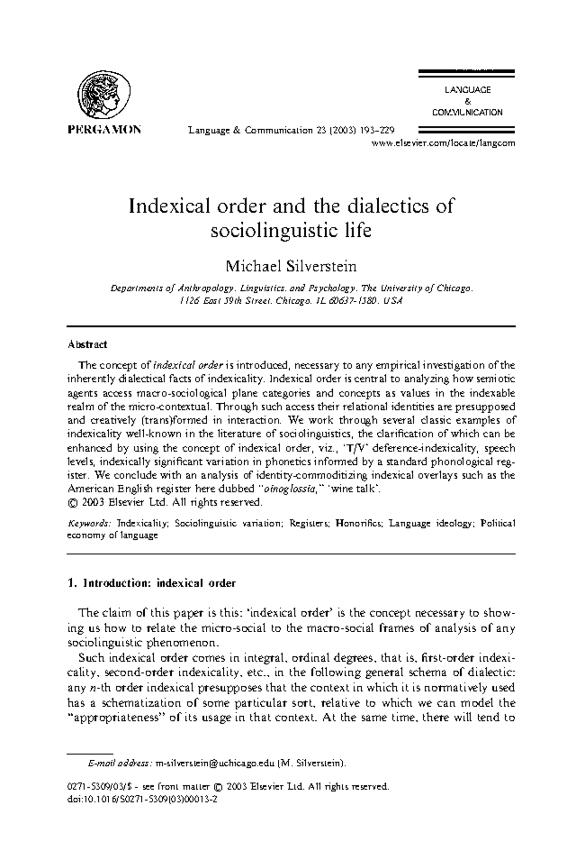 Indexical Order and Sociolinguistic Dialectics in Language ...