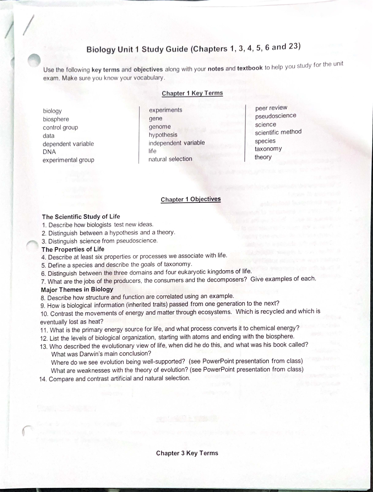 Biology Unit 1 Study Guide (BIO101): Key Terms and Exam Prep for ...