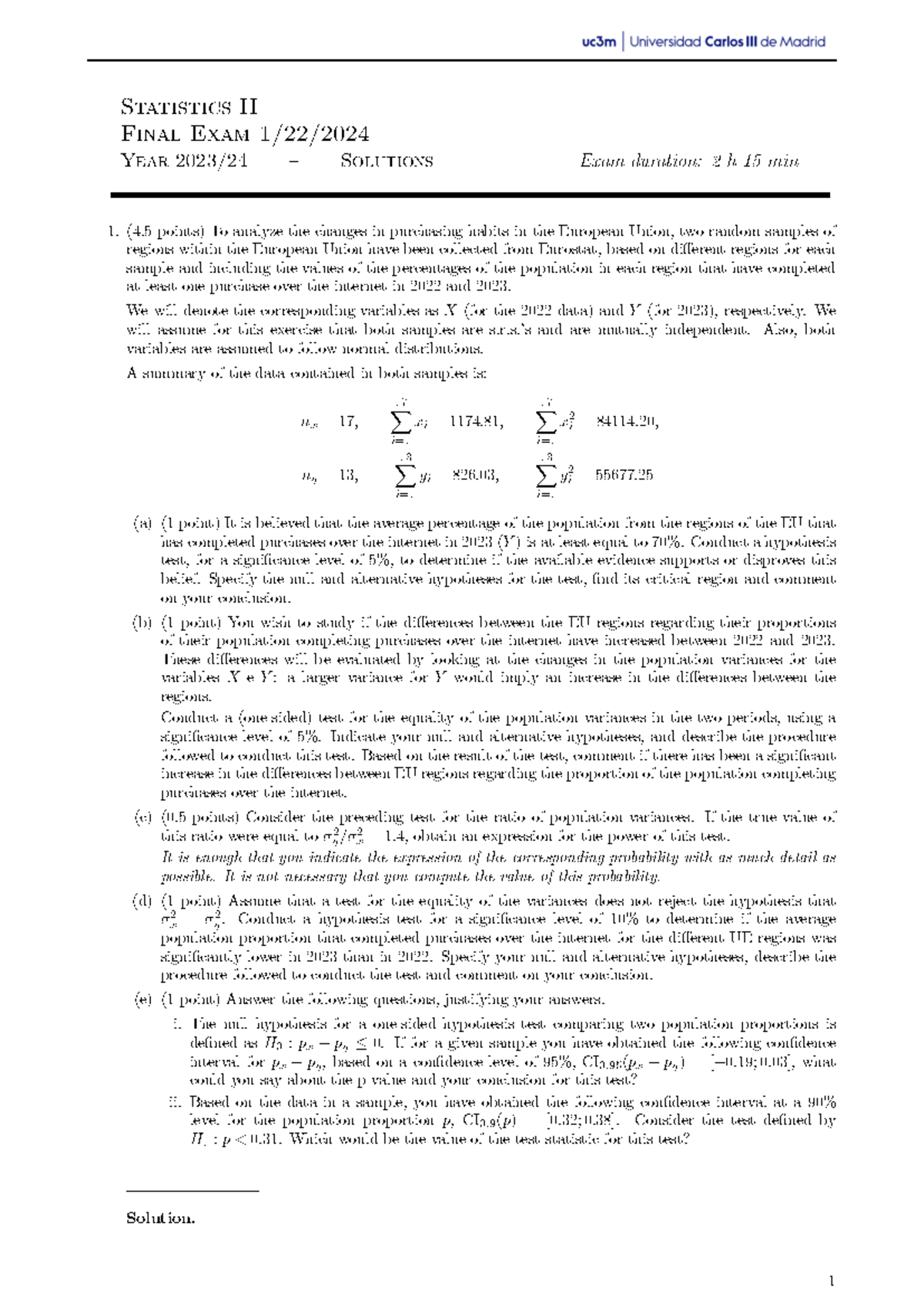 Ex2401eng S - Final Exam Solutions: Statistics II (2023-2024) - Studocu