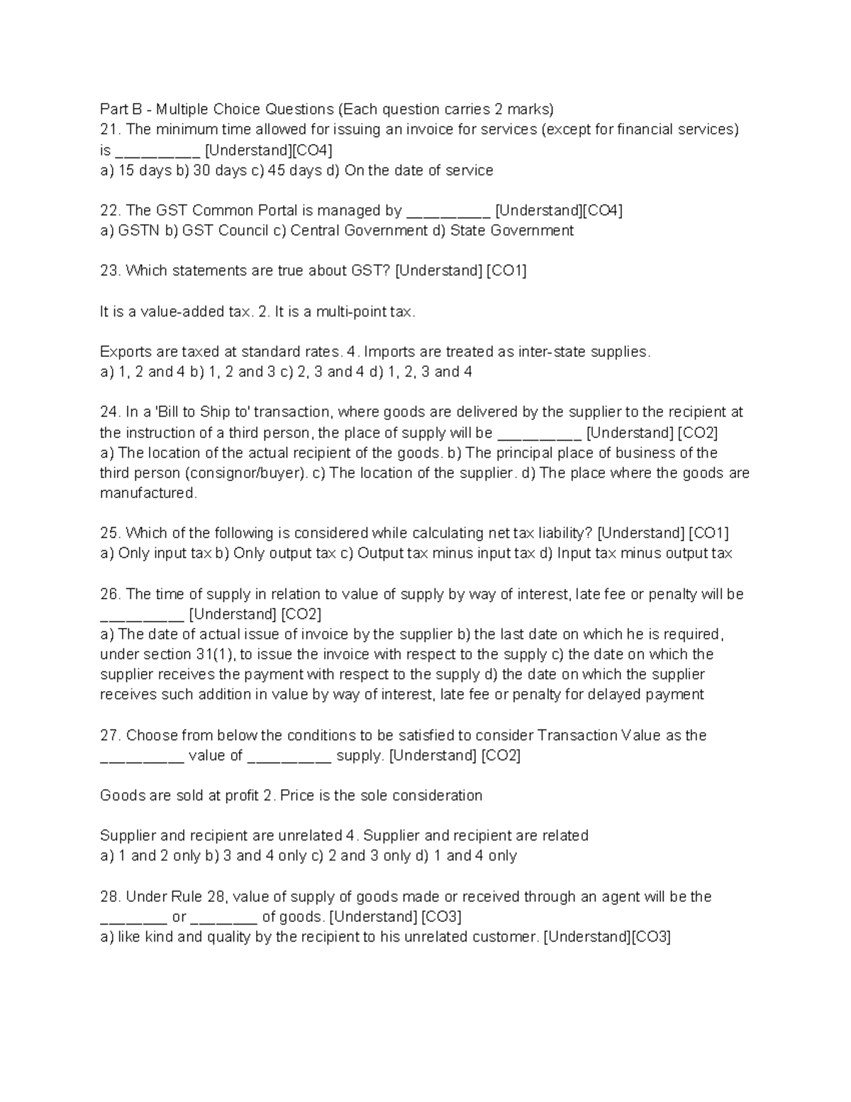 Part B - GST Multiple Choice Questions (Each Q 2 Marks) - Studocu