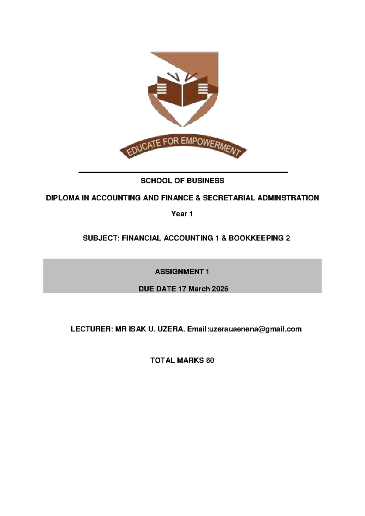 Financial Accounting 1 (BAF101) Assignment 1 - Profit & Loss Statement ...